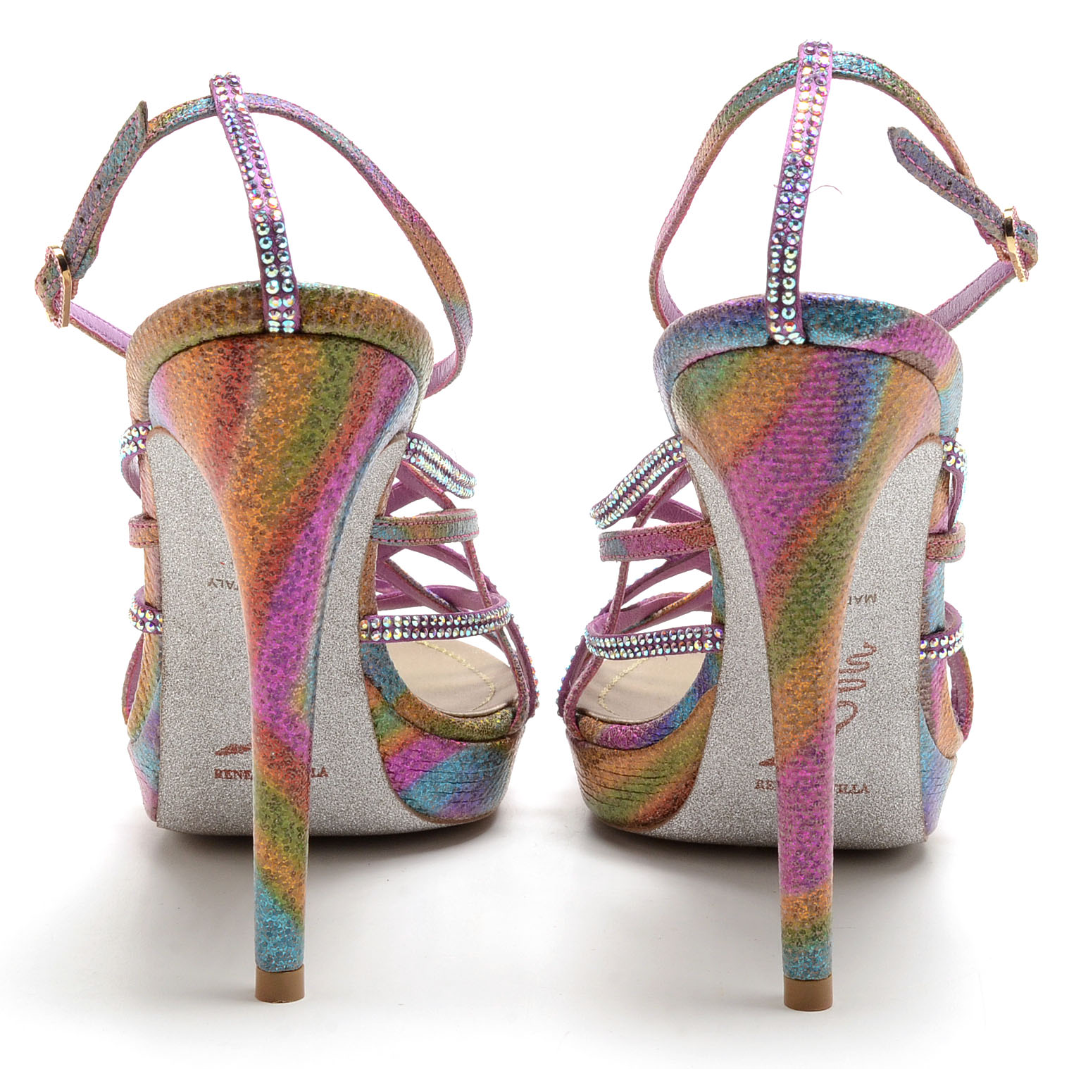 Rene Caovilla Glittery Open Toe Strappy Platform Sling Back Dress Sandals with Aurora Borealis Crystal Rhinestones