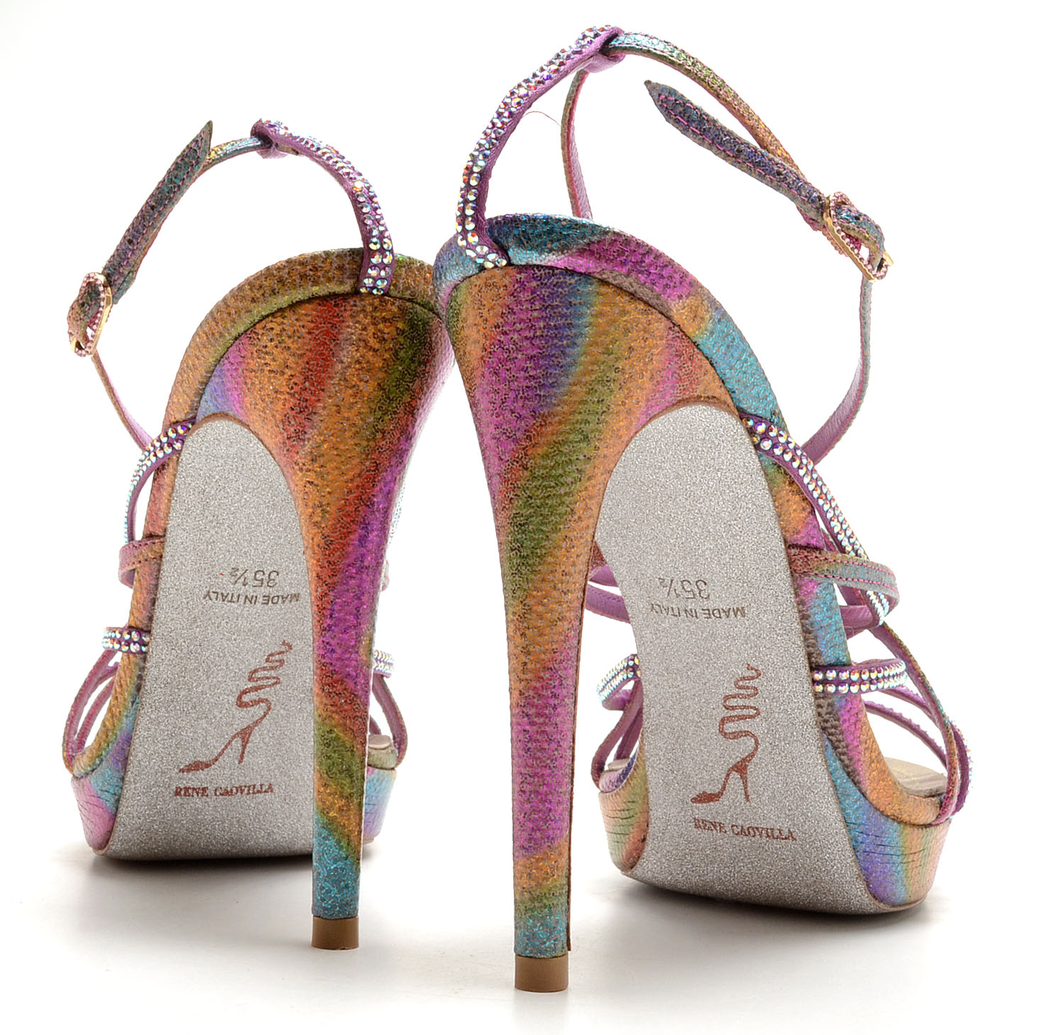 Rene Caovilla Glittery Open Toe Strappy Platform Sling Back Dress Sandals with Aurora Borealis Crystal Rhinestones