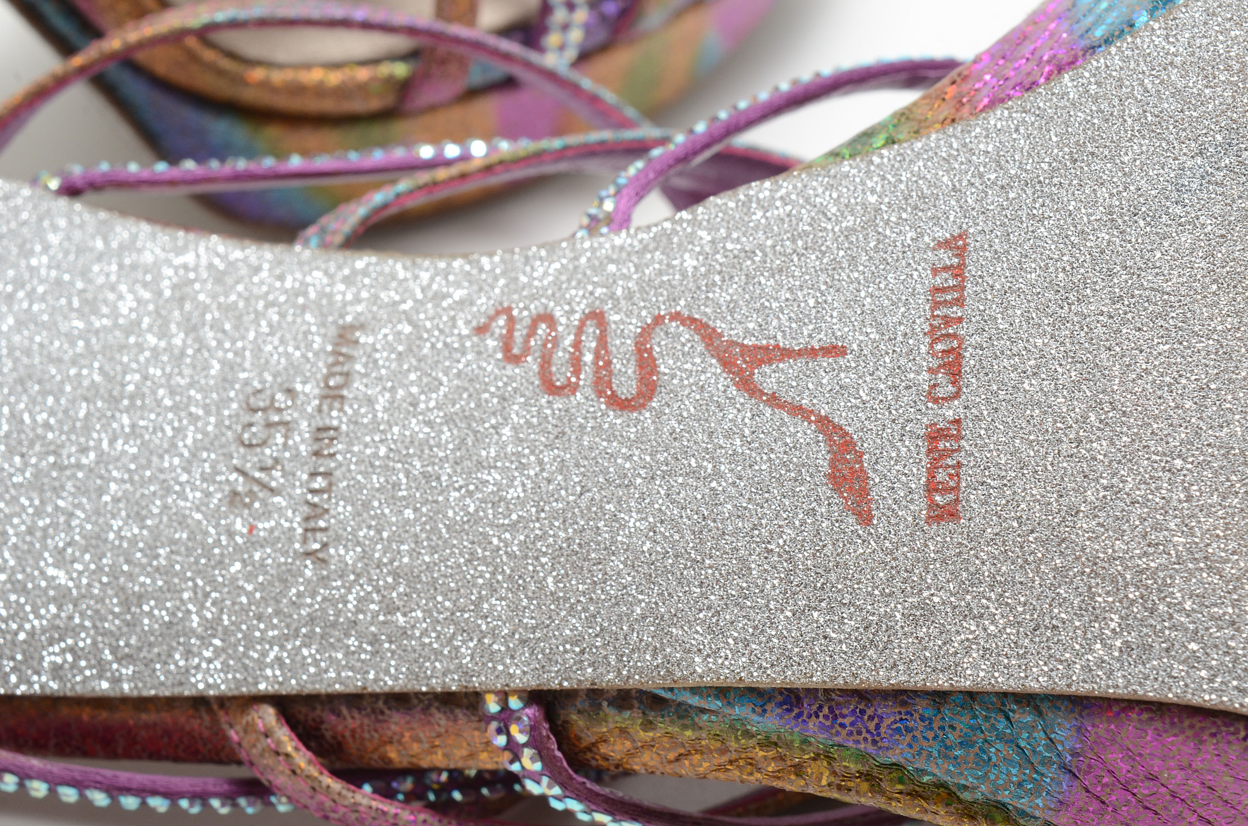 Rene Caovilla Glittery Open Toe Strappy Platform Sling Back Dress Sandals with Aurora Borealis Crystal Rhinestones