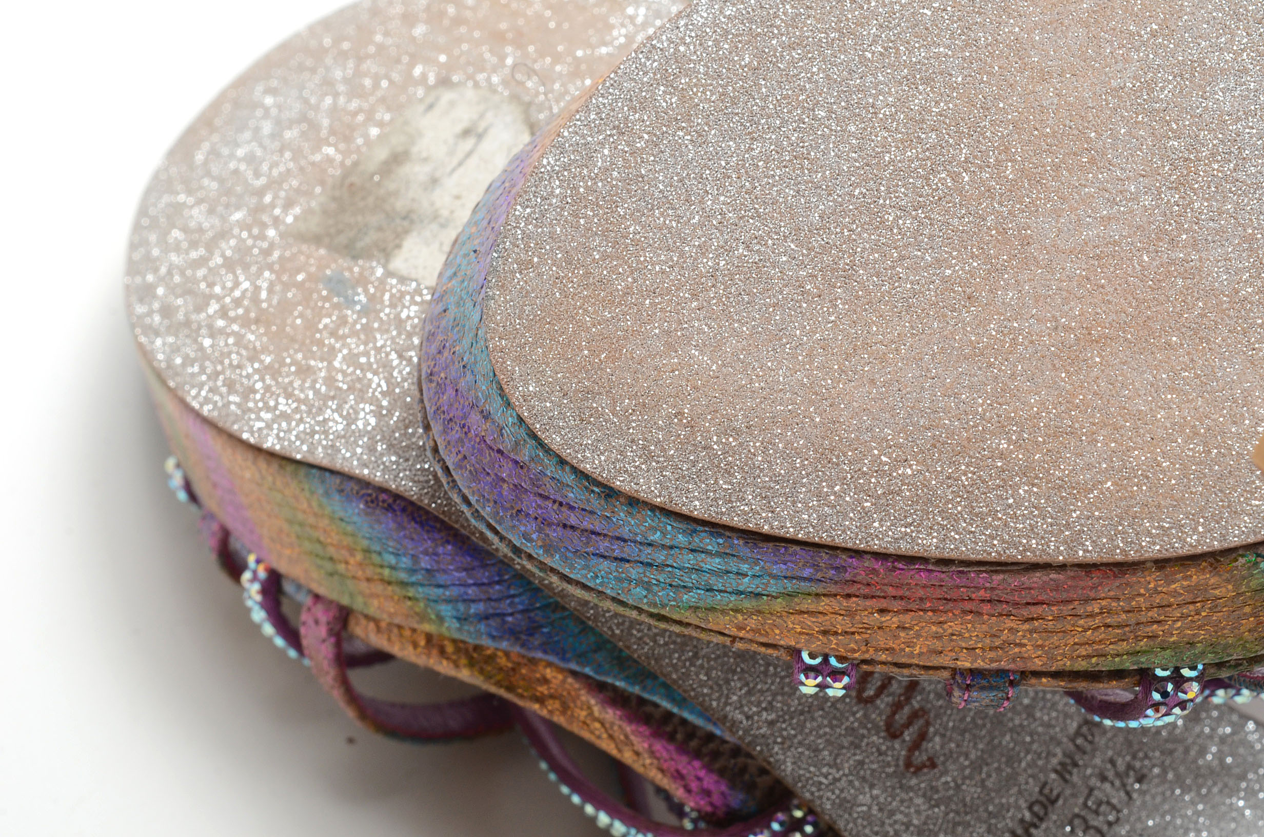 Rene Caovilla Glittery Open Toe Strappy Platform Sling Back Dress Sandals with Aurora Borealis Crystal Rhinestones