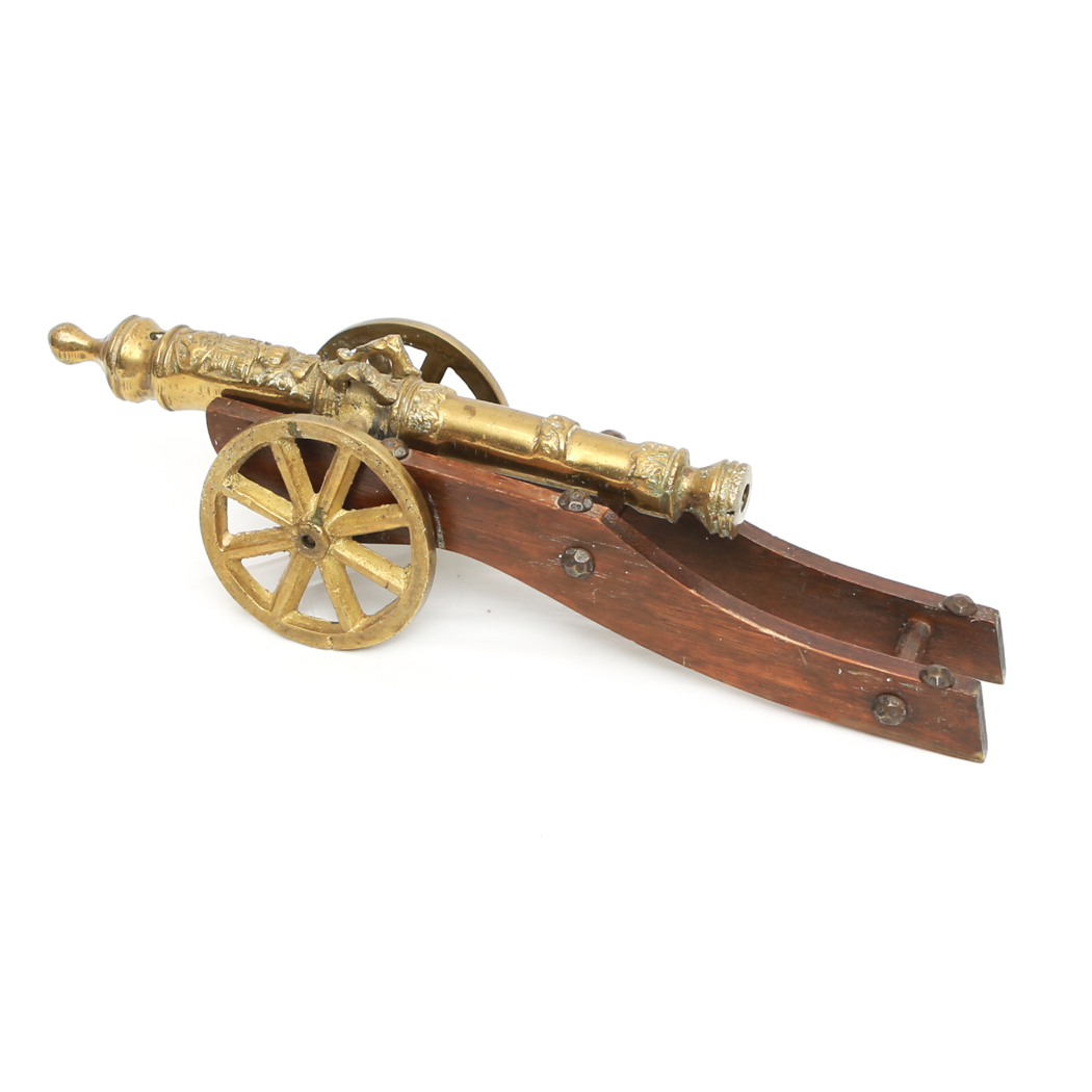 Vintage Brass Cannon on Wooden Stand from Holland