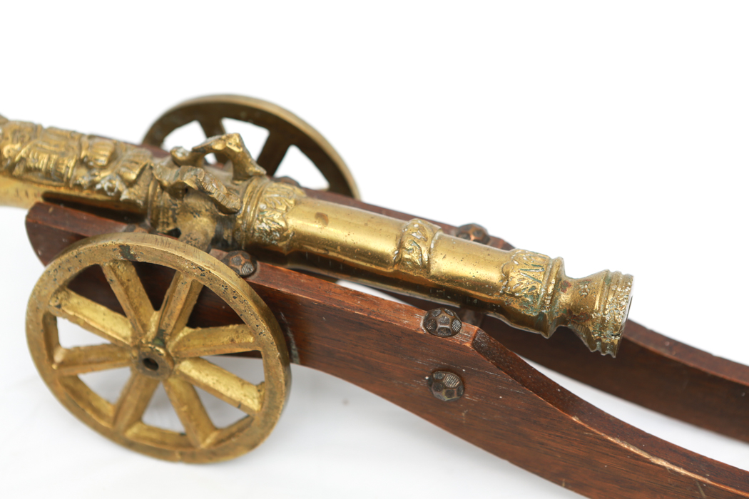 Vintage Brass Cannon on Wooden Stand from Holland