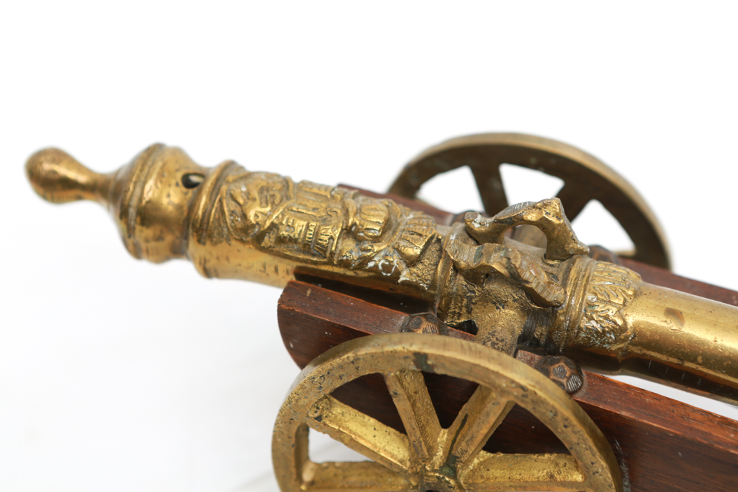 Vintage Brass Cannon on Wooden Stand from Holland