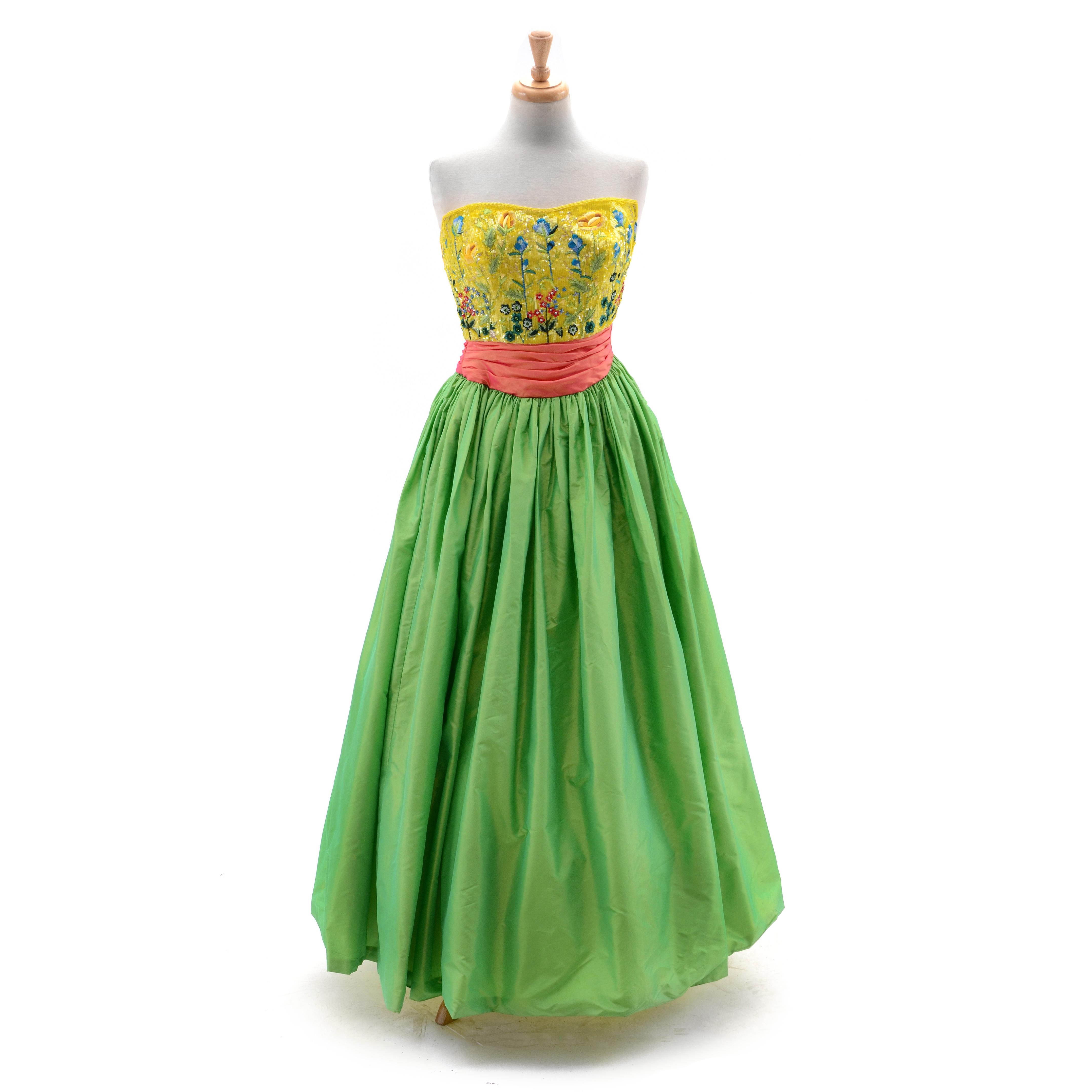 Escada Couture Strapless Formal Gown with Chinese Inspired Floral Embroidered Silk Bodice Embellished with Beads and Sequins Worn at The Emmy Awards