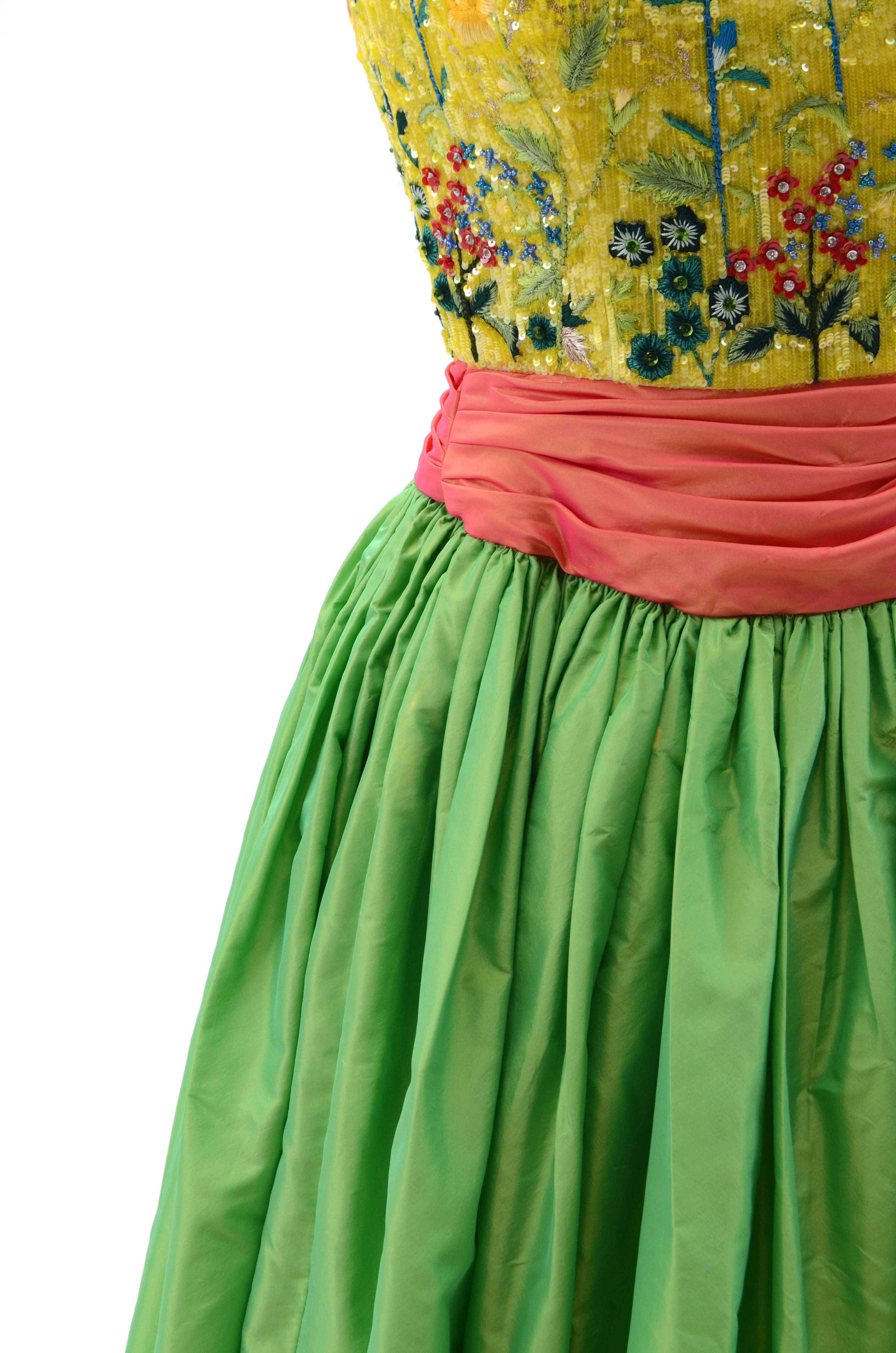 Escada Couture Strapless Formal Gown with Chinese Inspired Floral Embroidered Silk Bodice Embellished with Beads and Sequins Worn at The Emmy Awards