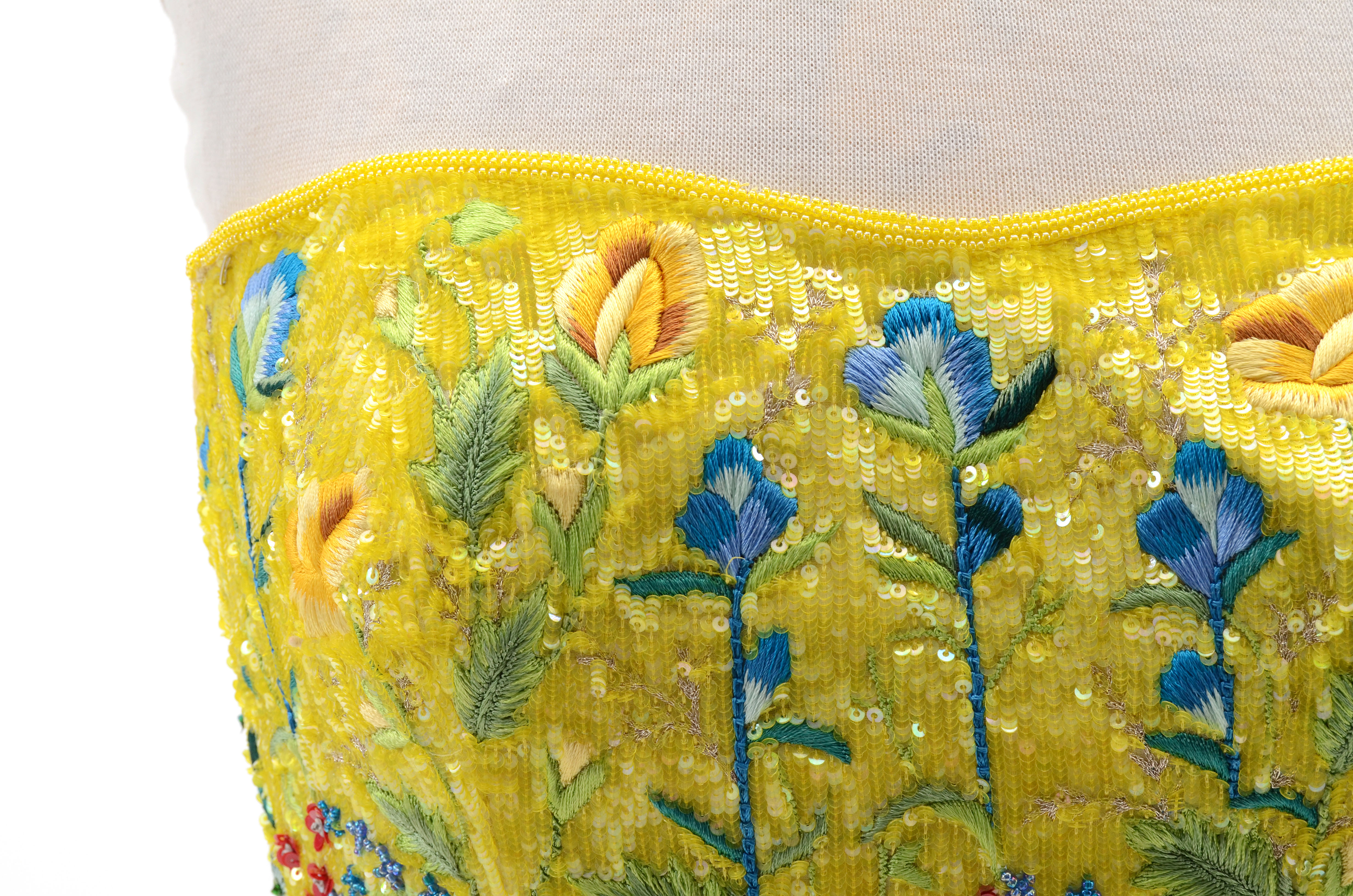 Escada Couture Strapless Formal Gown with Chinese Inspired Floral Embroidered Silk Bodice Embellished with Beads and Sequins Worn at The Emmy Awards