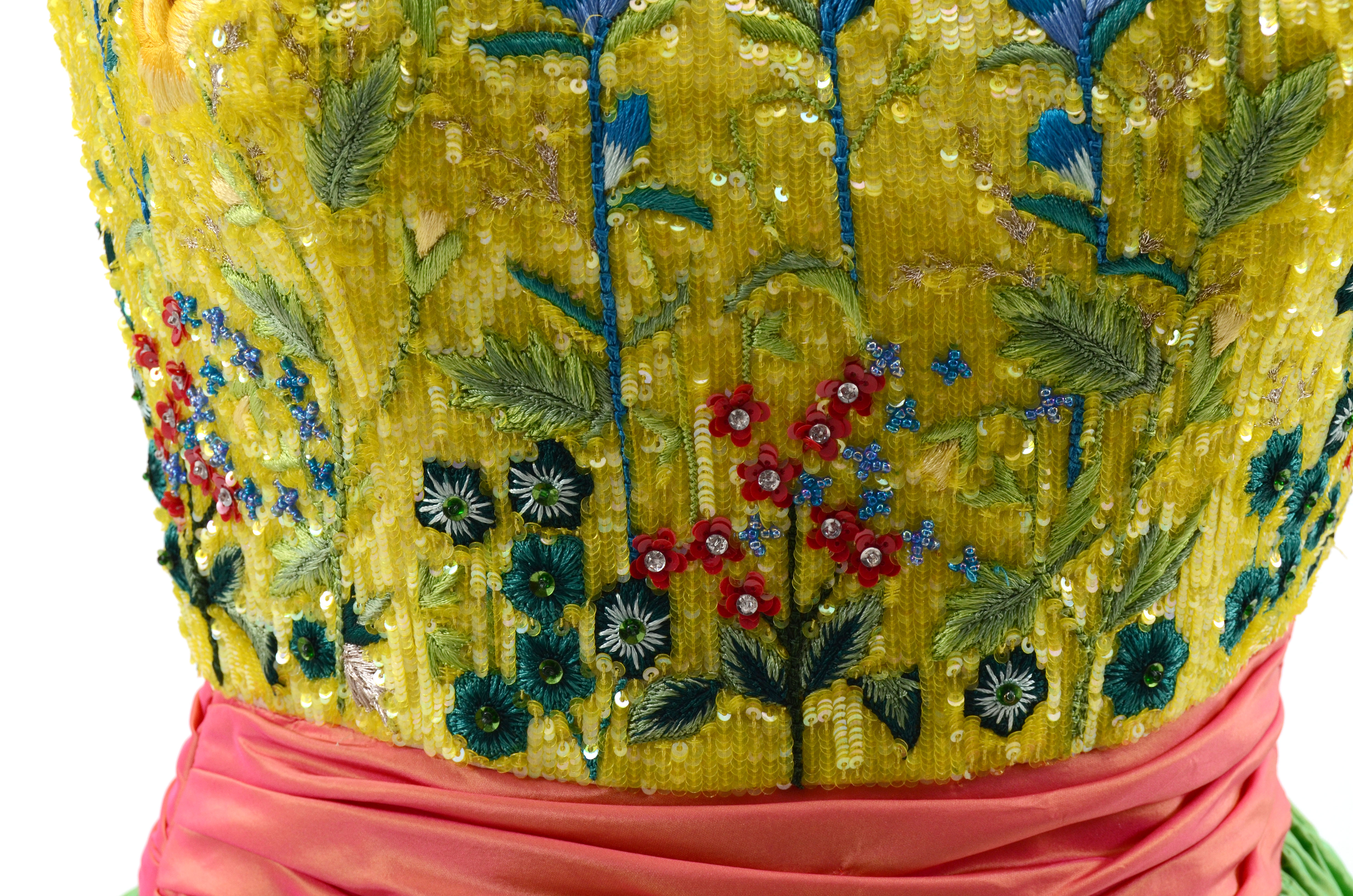 Escada Couture Strapless Formal Gown with Chinese Inspired Floral Embroidered Silk Bodice Embellished with Beads and Sequins Worn at The Emmy Awards