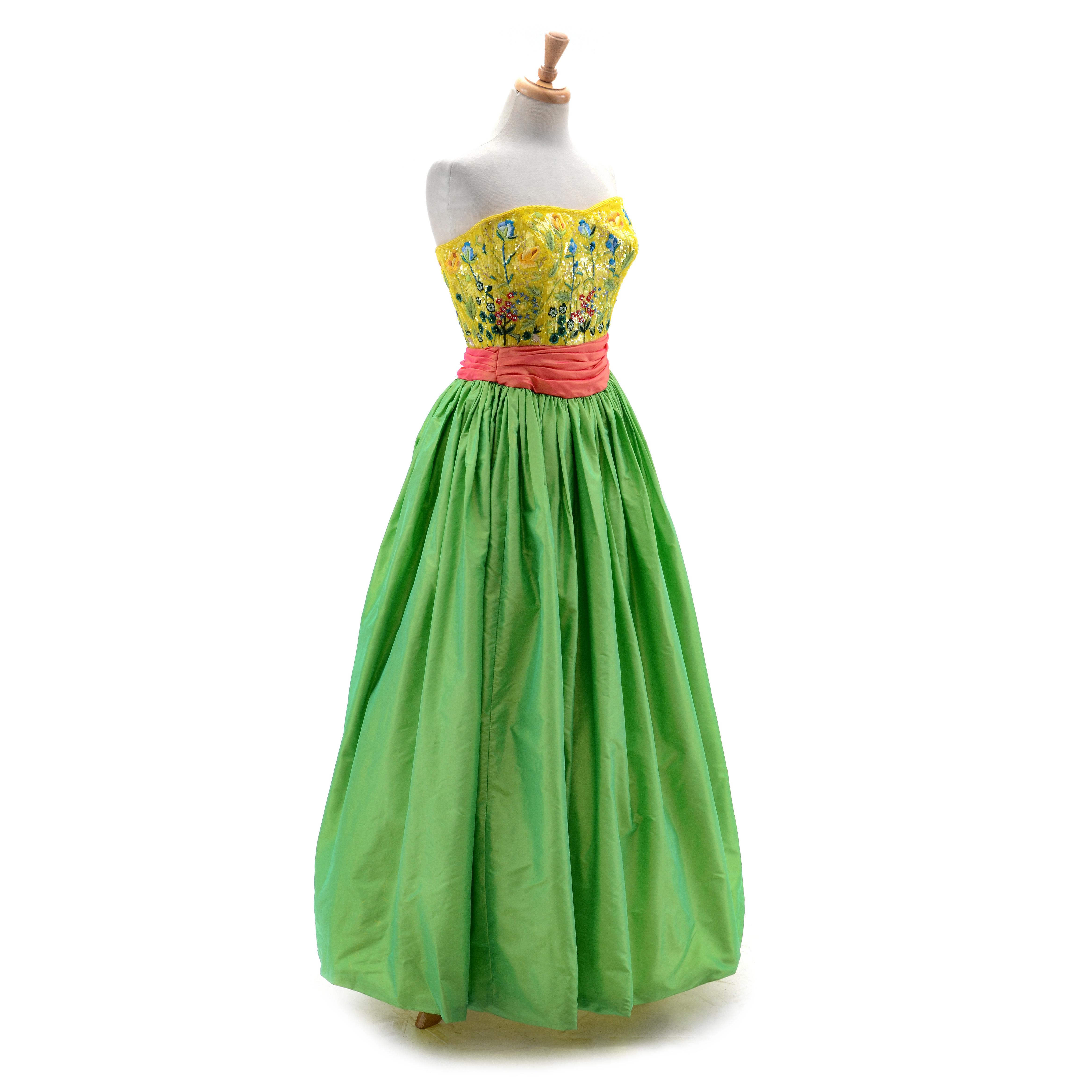 Escada Couture Strapless Formal Gown with Chinese Inspired Floral Embroidered Silk Bodice Embellished with Beads and Sequins Worn at The Emmy Awards