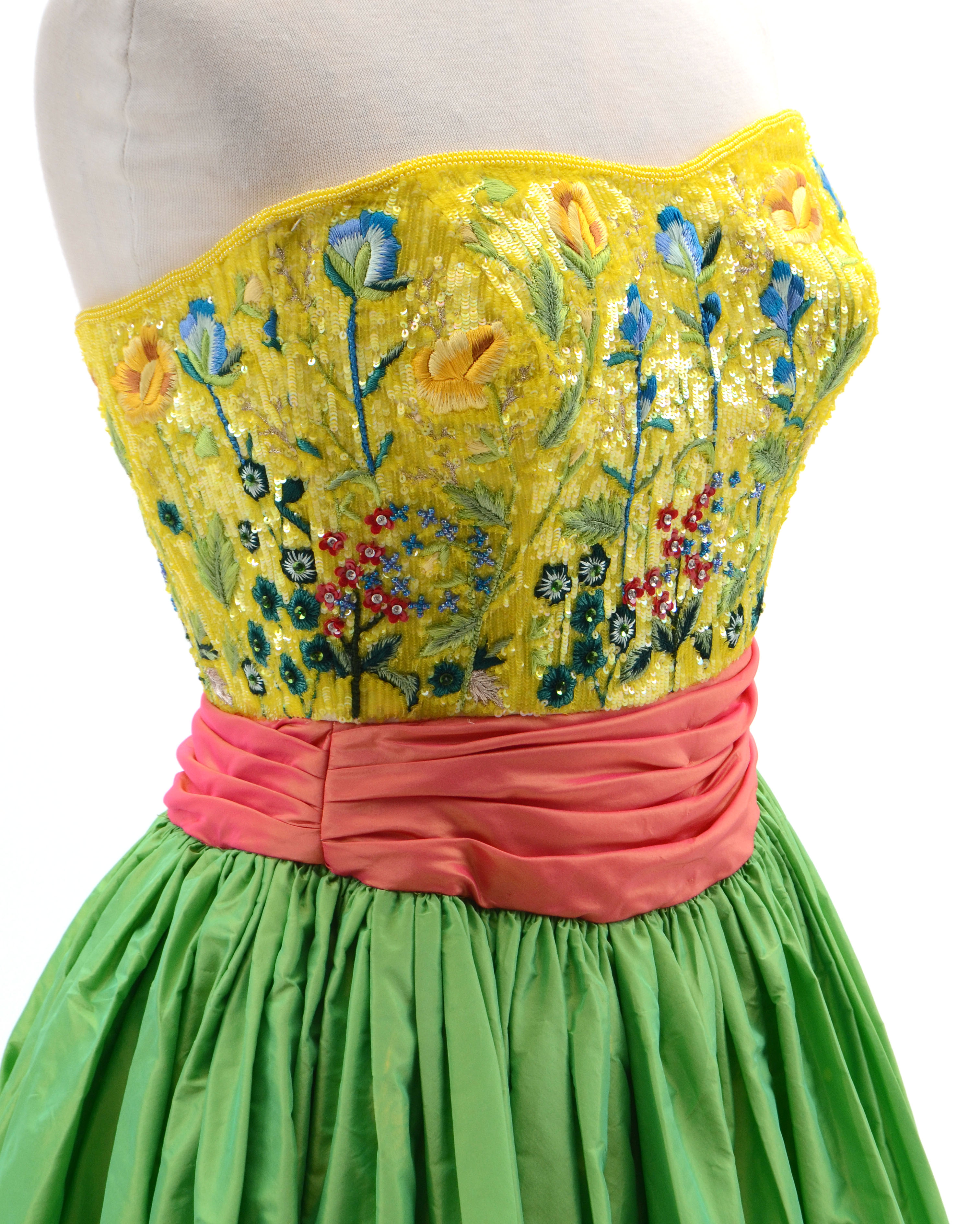 Escada Couture Strapless Formal Gown with Chinese Inspired Floral Embroidered Silk Bodice Embellished with Beads and Sequins Worn at The Emmy Awards