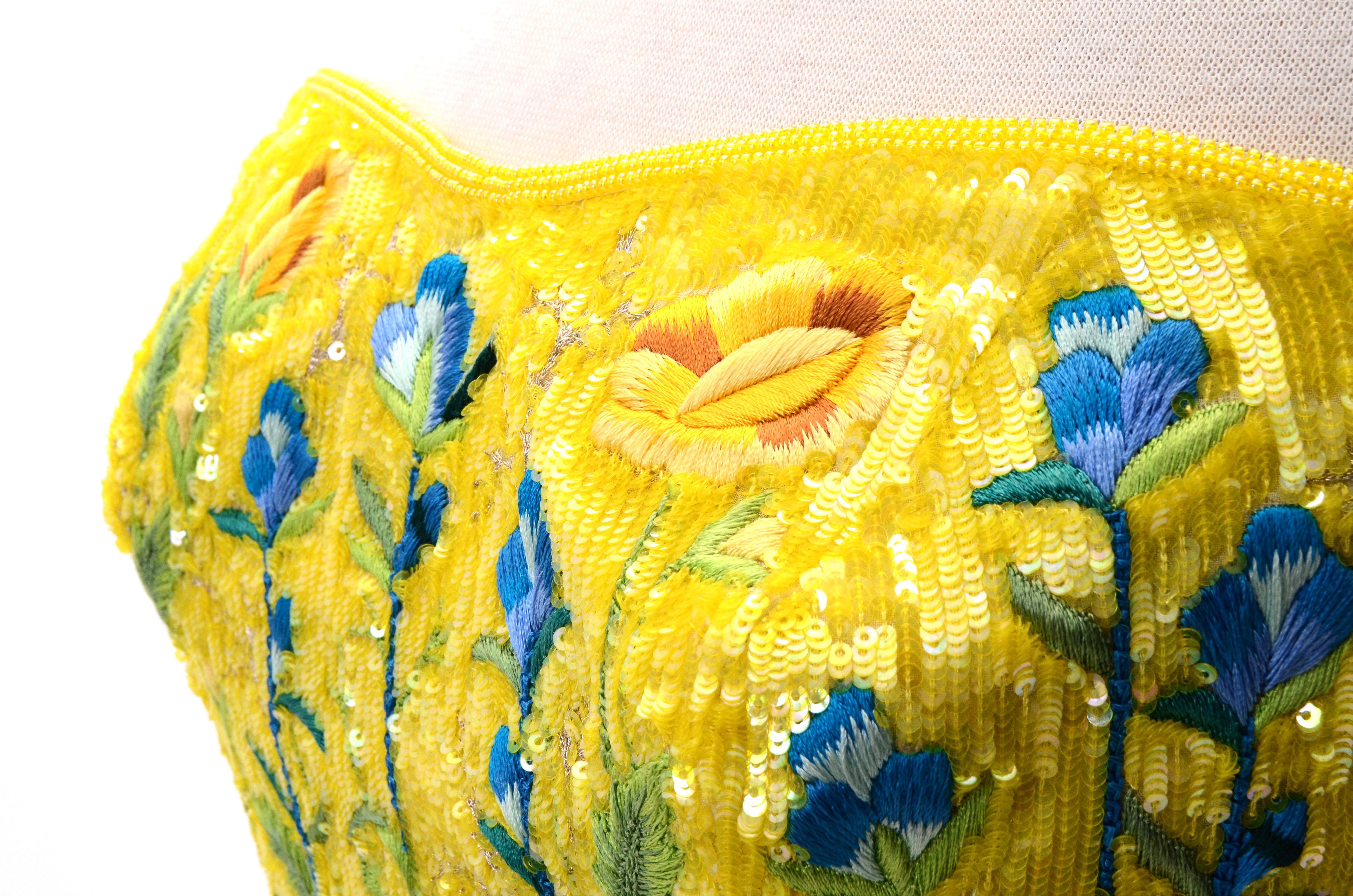 Escada Couture Strapless Formal Gown with Chinese Inspired Floral Embroidered Silk Bodice Embellished with Beads and Sequins Worn at The Emmy Awards