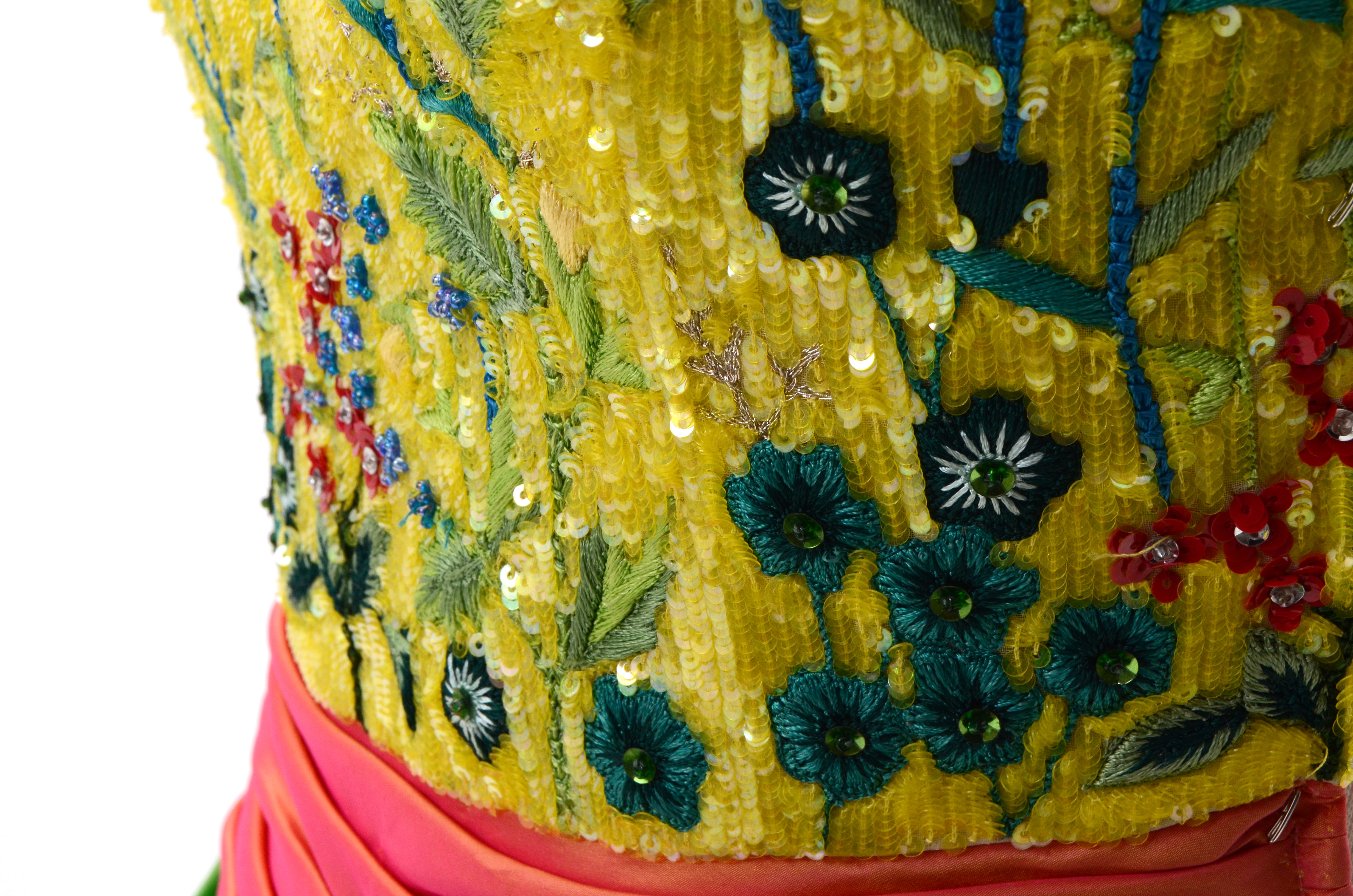 Escada Couture Strapless Formal Gown with Chinese Inspired Floral Embroidered Silk Bodice Embellished with Beads and Sequins Worn at The Emmy Awards