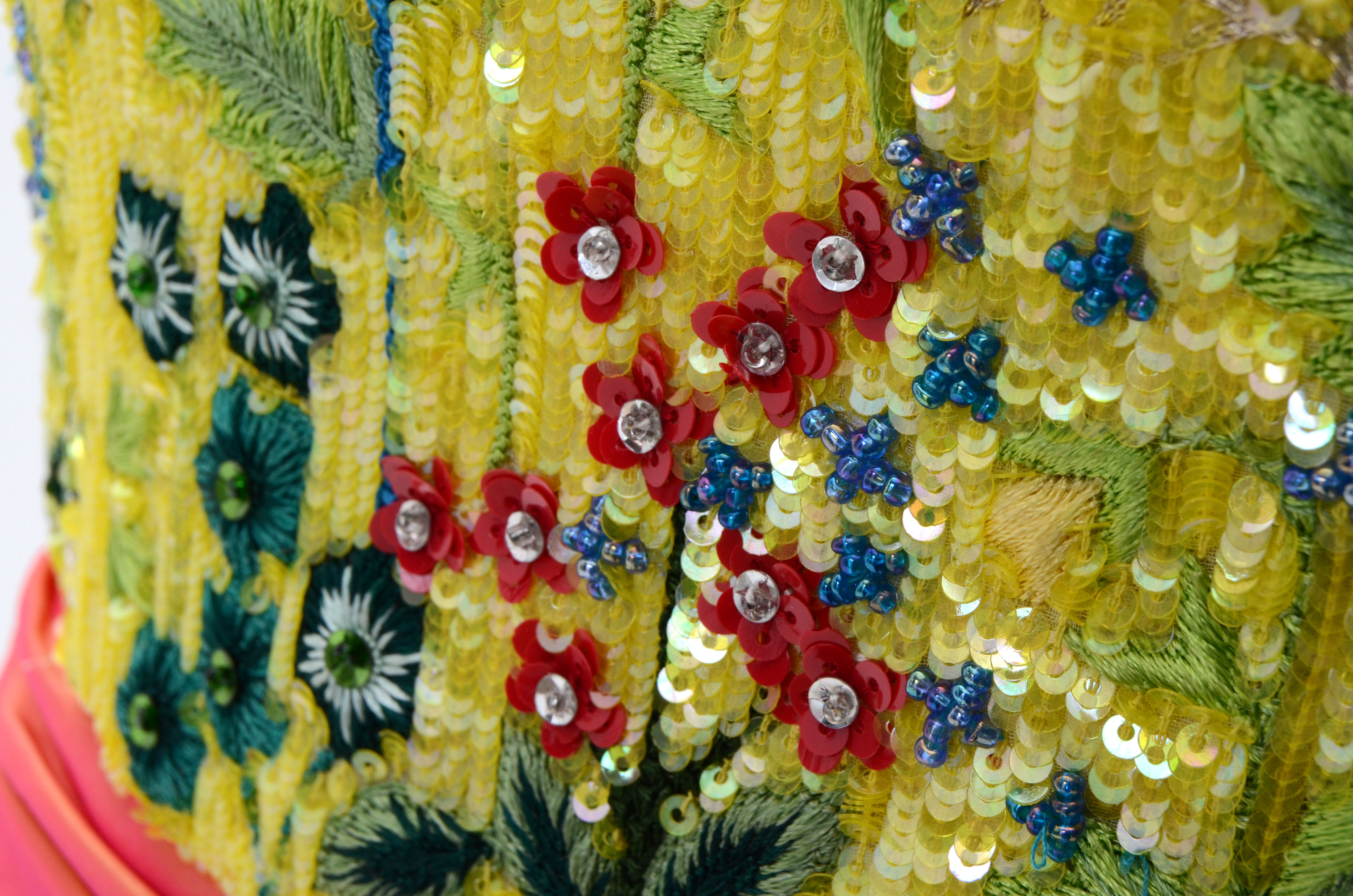 Escada Couture Strapless Formal Gown with Chinese Inspired Floral Embroidered Silk Bodice Embellished with Beads and Sequins Worn at The Emmy Awards