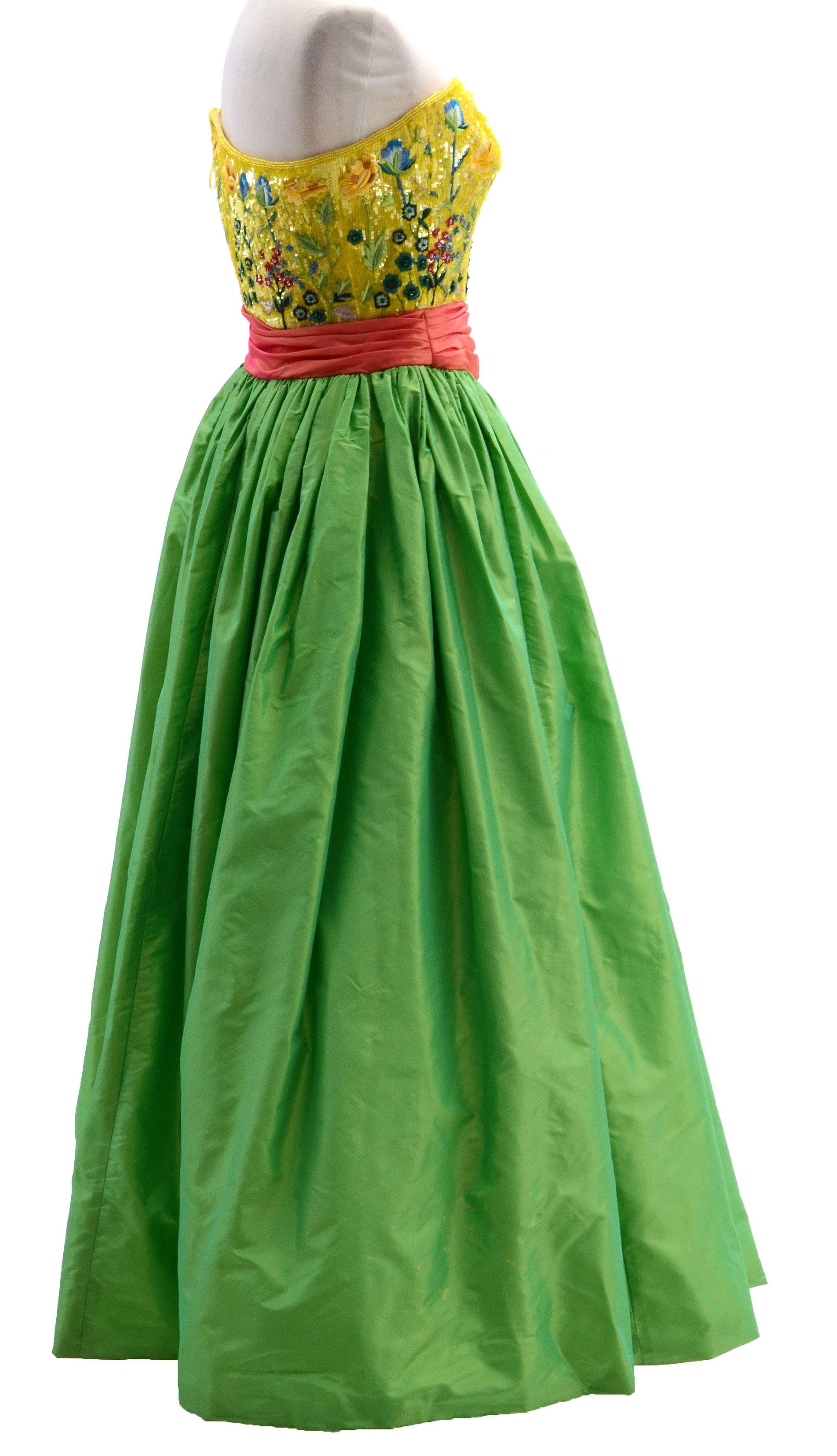 Escada Couture Strapless Formal Gown with Chinese Inspired Floral Embroidered Silk Bodice Embellished with Beads and Sequins Worn at The Emmy Awards