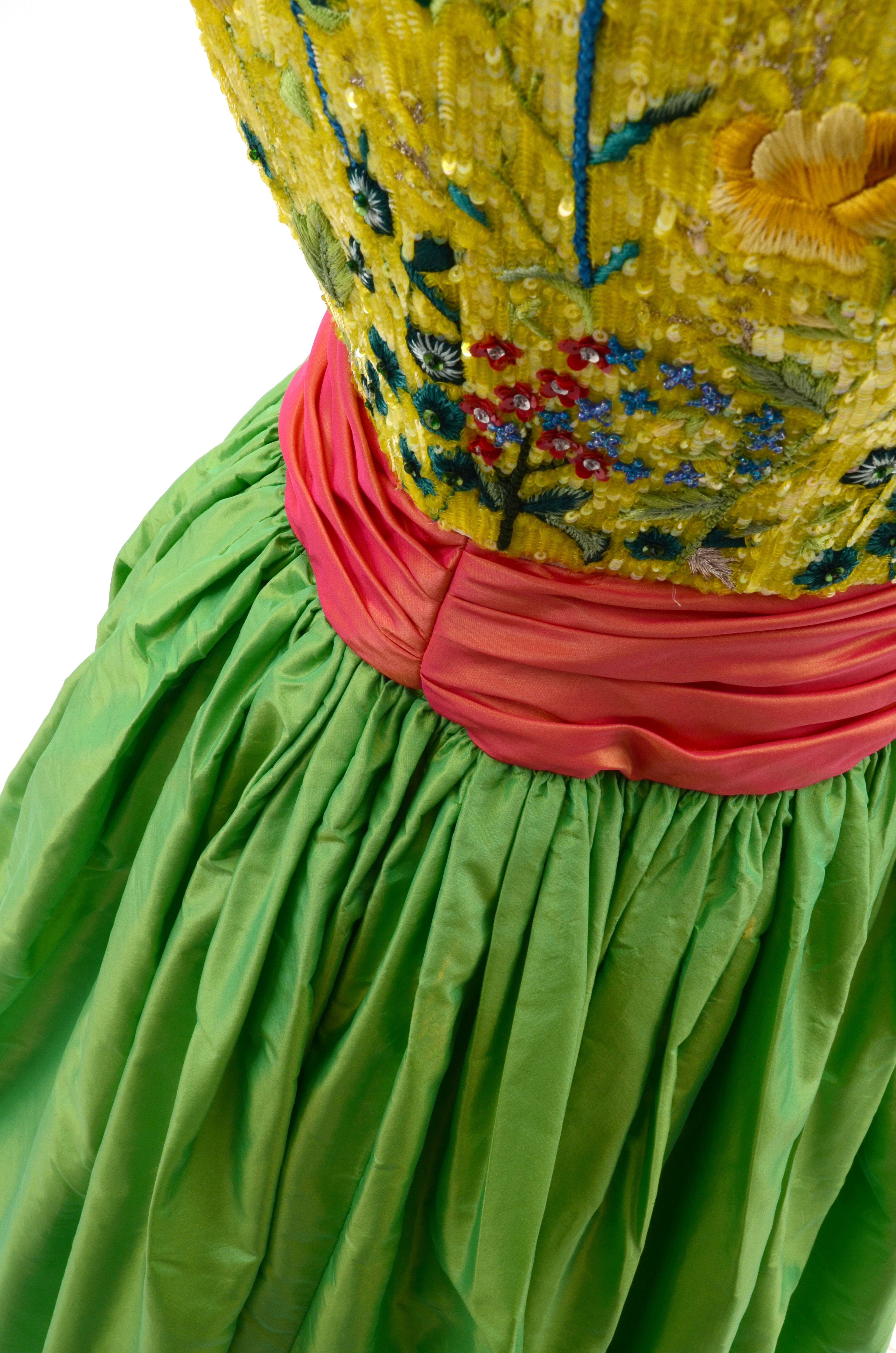 Escada Couture Strapless Formal Gown with Chinese Inspired Floral Embroidered Silk Bodice Embellished with Beads and Sequins Worn at The Emmy Awards