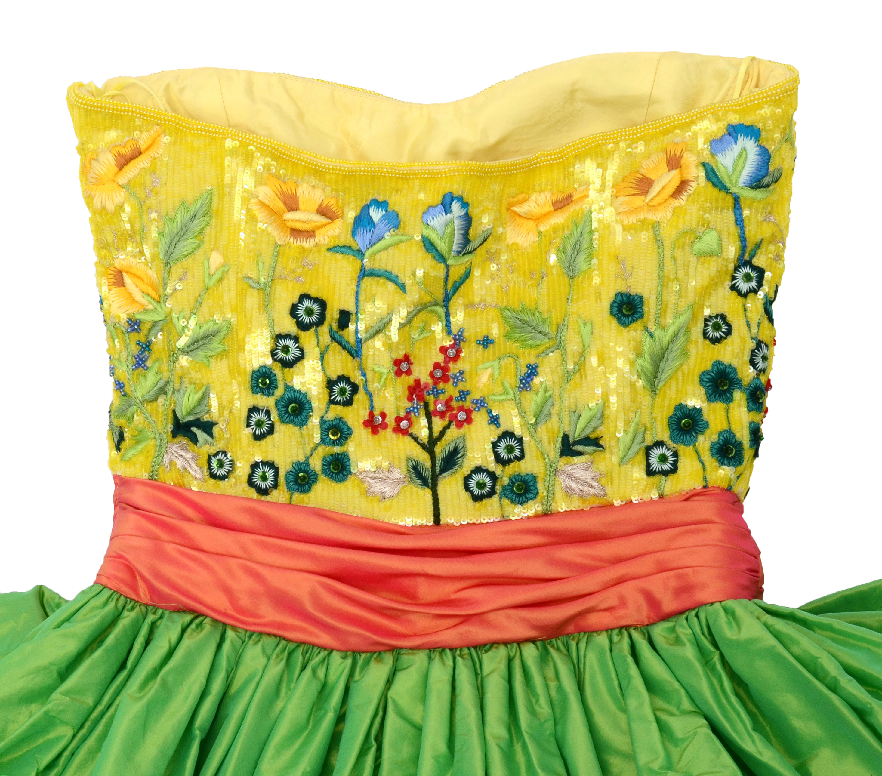 Escada Couture Strapless Formal Gown with Chinese Inspired Floral Embroidered Silk Bodice Embellished with Beads and Sequins Worn at The Emmy Awards