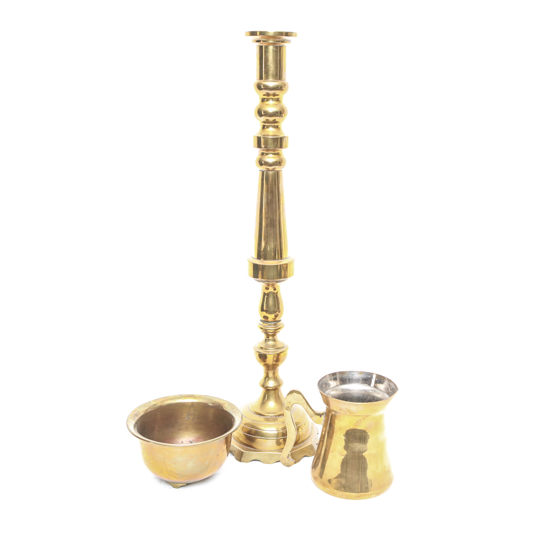 Brass Candlesticks and Pitcher