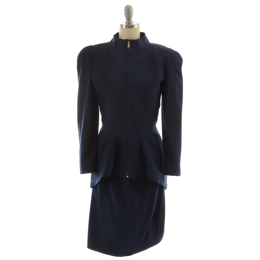 Thierry Mugler of Paris Tailored Zipper Front Jacket and Skirt Set in Navy Blue