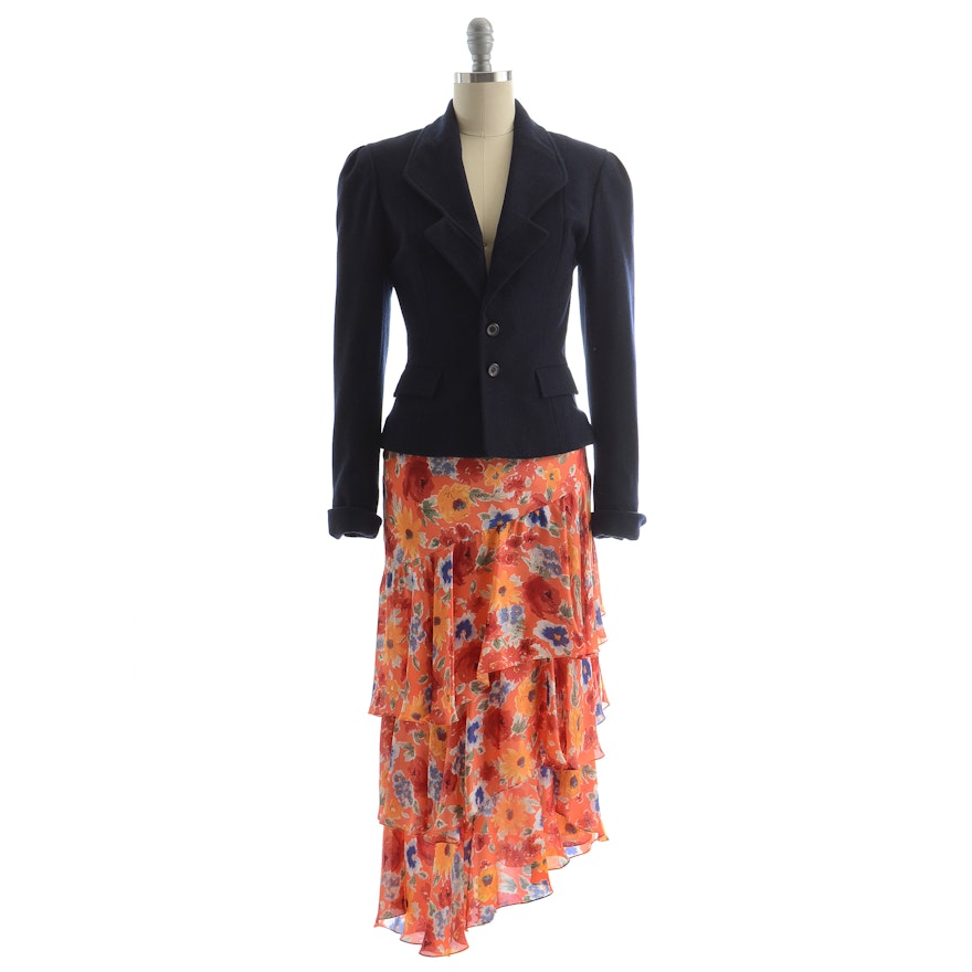 Ralph Lauren Navy Blue Blazer Paired with an Asymmetrical Multi-Color Silk Print Long Skirt with Tiered Ruffles