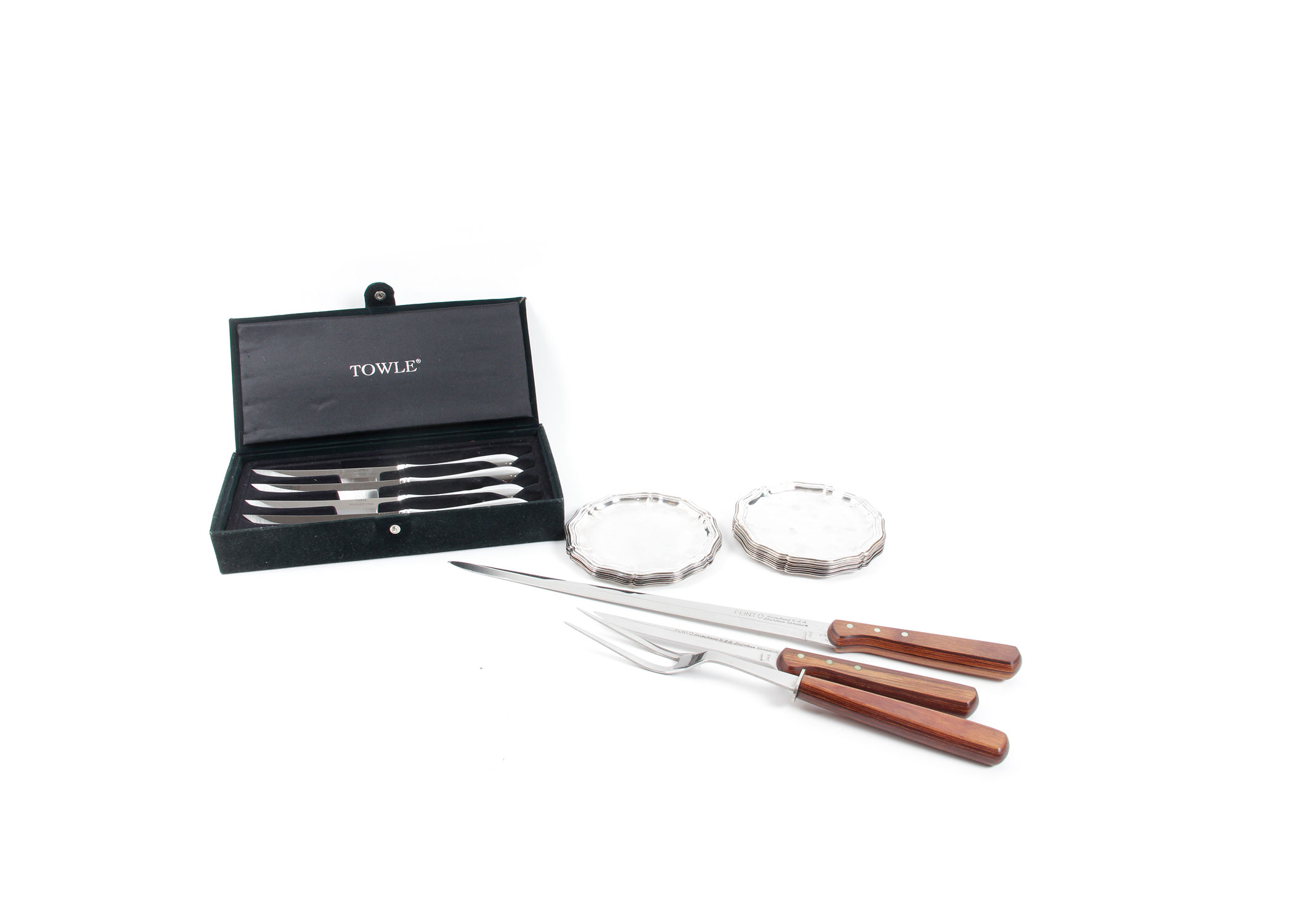 Set of Towle Steak Knives, a Flint Arrowhead Carving Set, and Silver Plated Coasters