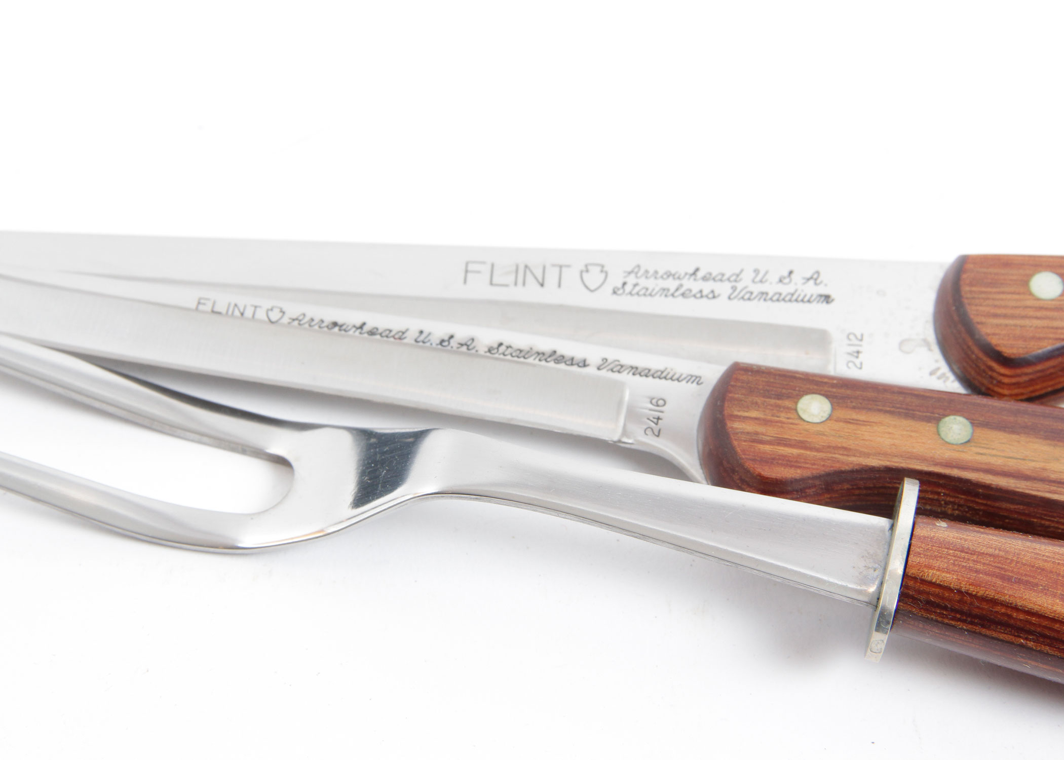 Set of Towle Steak Knives, a Flint Arrowhead Carving Set, and Silver Plated Coasters