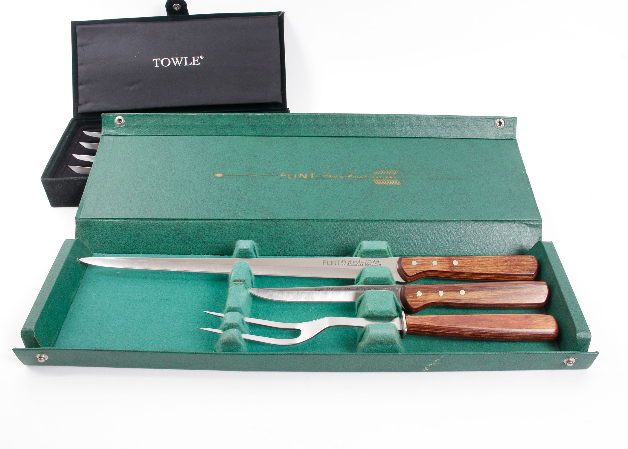 Set of Towle Steak Knives, a Flint Arrowhead Carving Set, and Silver Plated Coasters