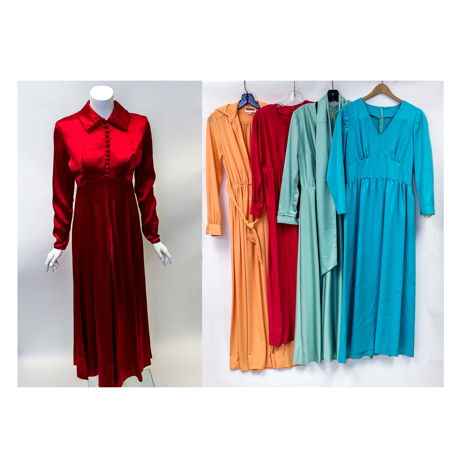 1970s Group of Glossy Maxi Evening Dresses