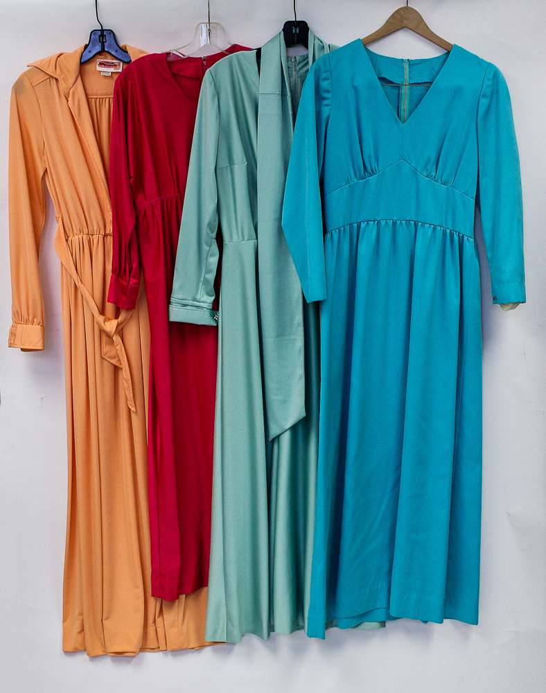 1970s Group of Glossy Maxi Evening Dresses