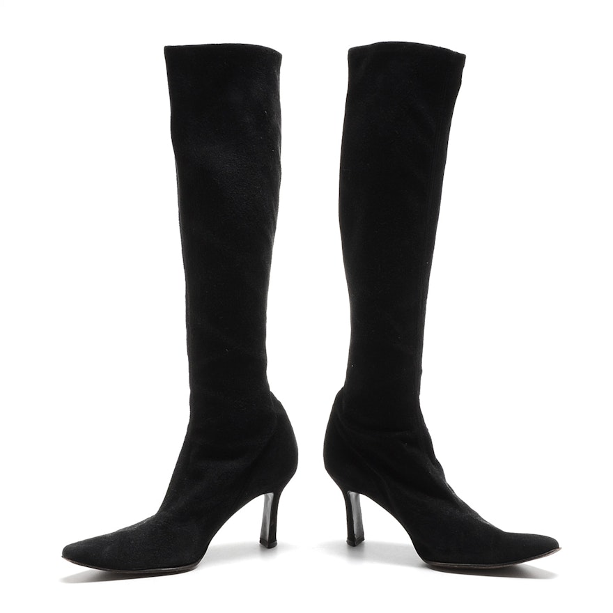 Pair of Stuart Weitzman Black Suede Leather Below-The-Knee Pull-Up Boots