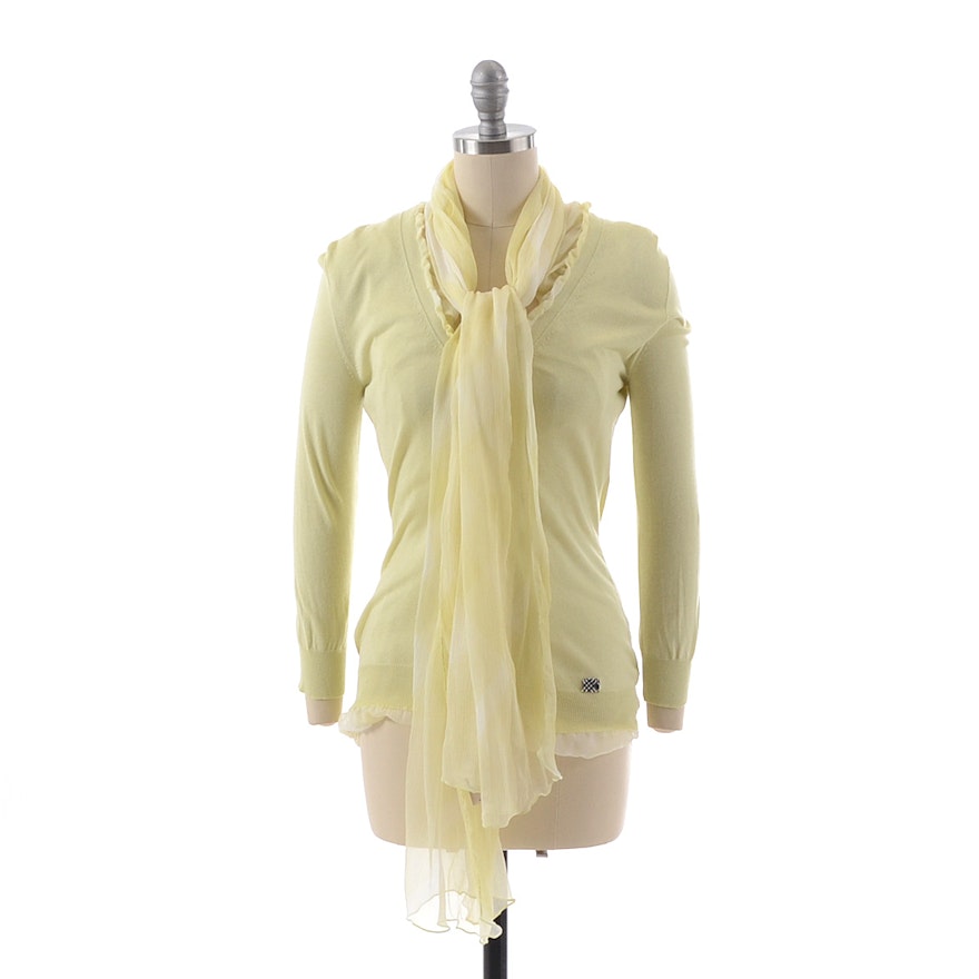 Burberry of London Dyed Silk Chiffon and Cashmere V-Neck Sweater with Matching Scarf in Pale Yellow