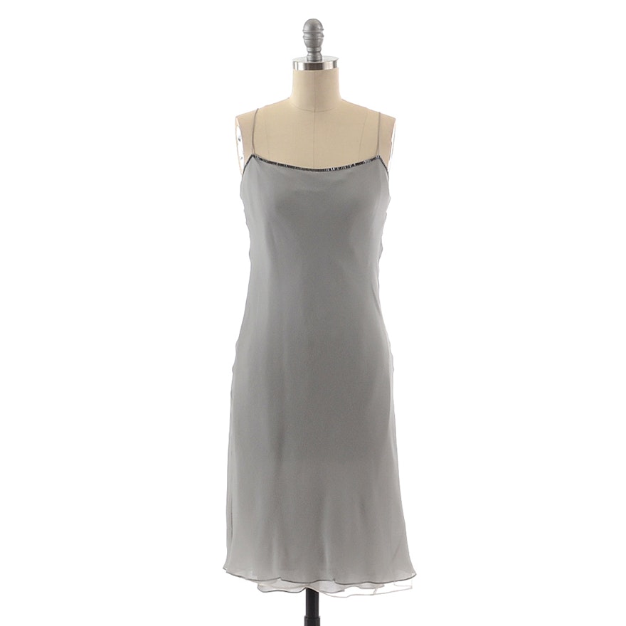 Donna Karan Sleeveless Slip Dress in Pearl Grey Silk Embellished with Gun Metal Metallic Bugle Beads