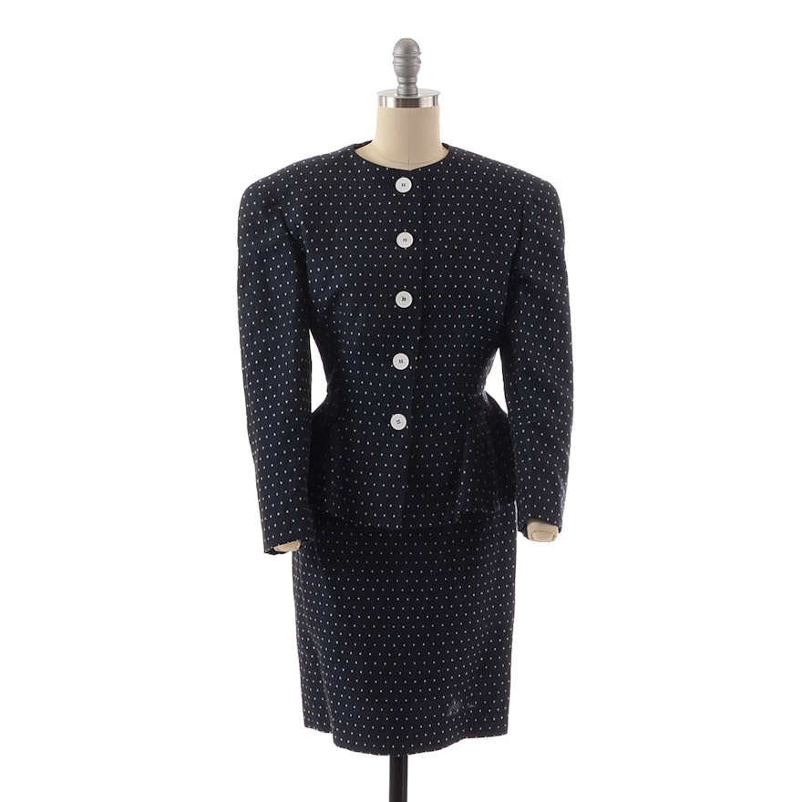 1980s Louis Feraud Navy Blue and White Suit with Peplum Blazer and Pencil Skirt