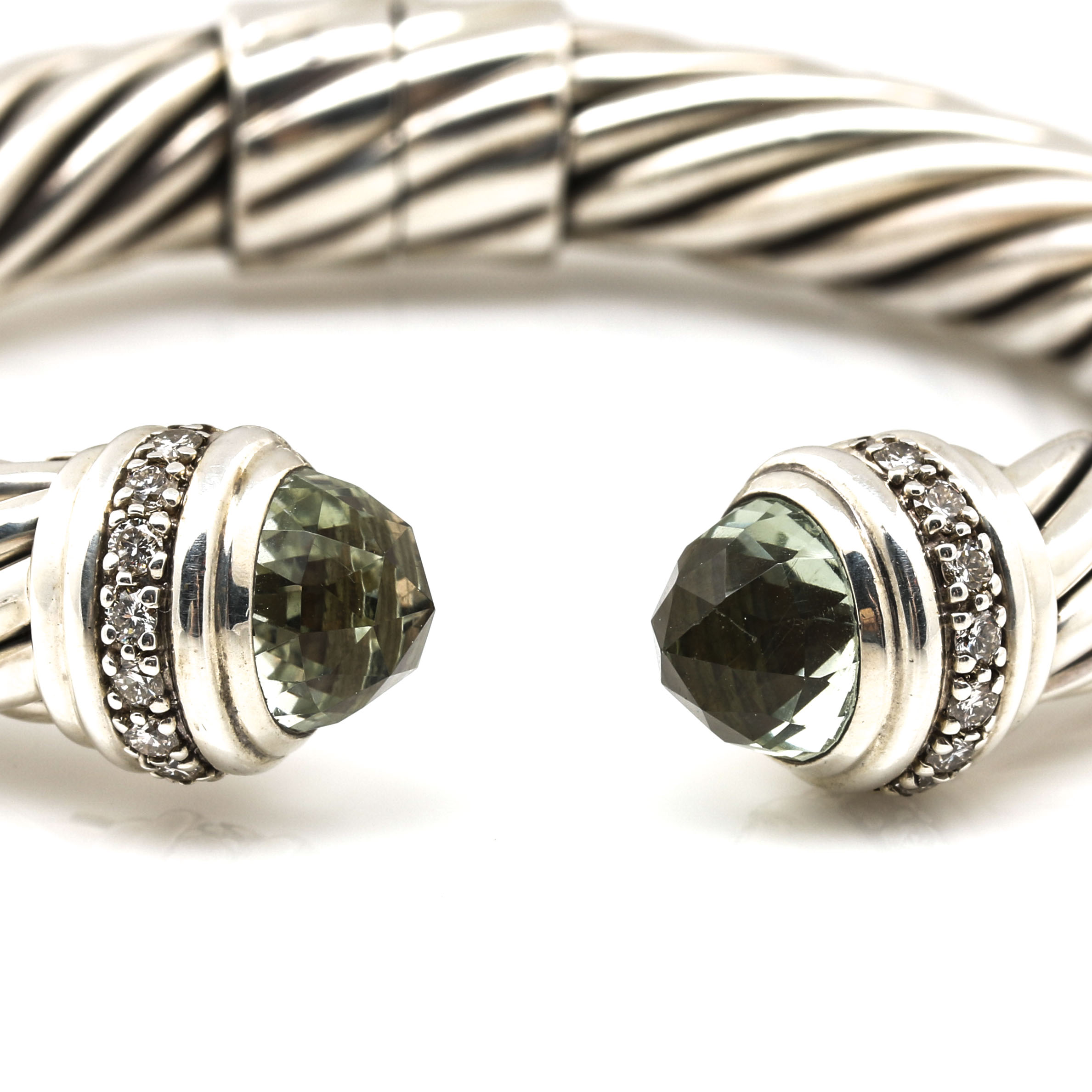 David Yurman Sterling Silver and 18K White Gold Diamond and Prasiolite Cable Cuff