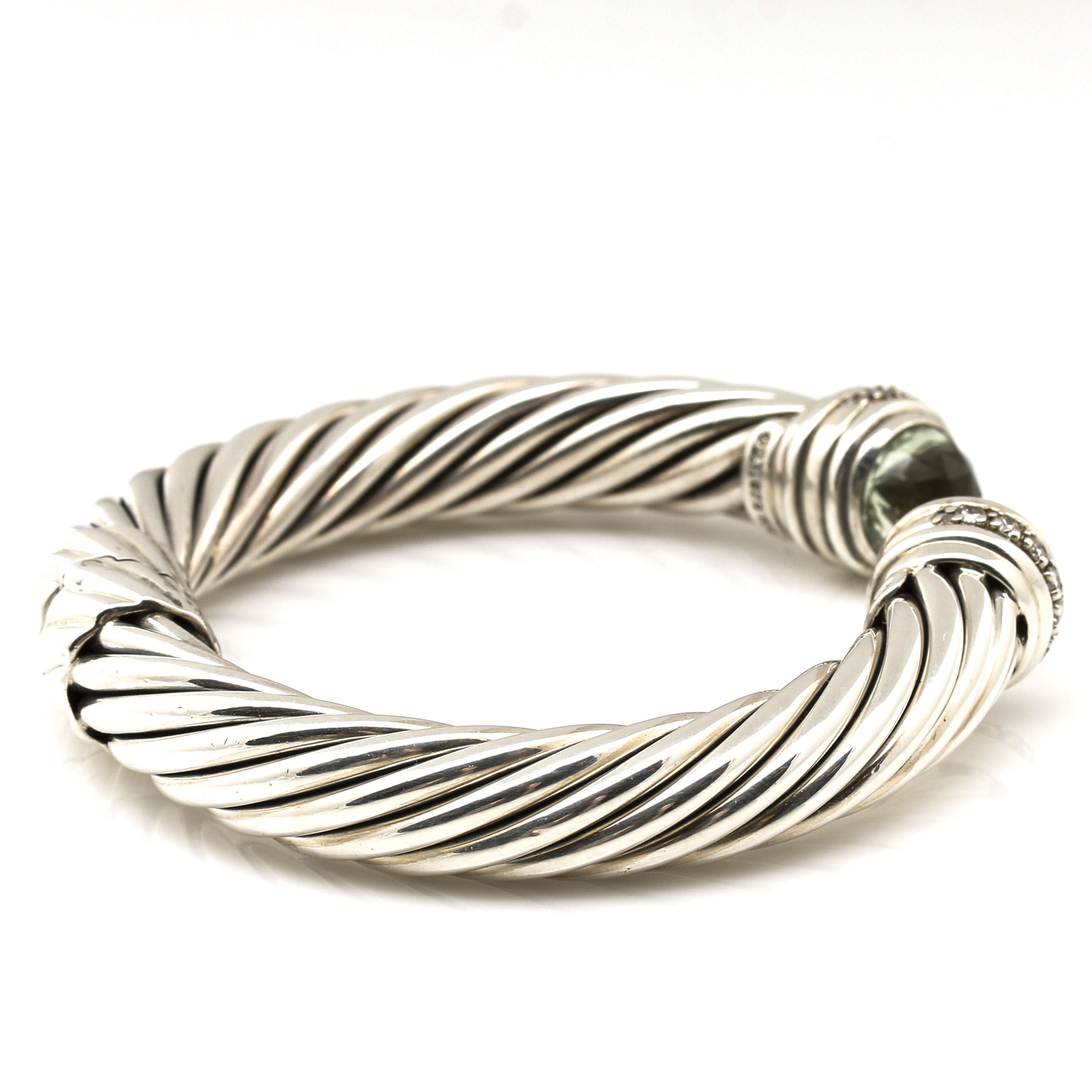 David Yurman Sterling Silver and 18K White Gold Diamond and Prasiolite Cable Cuff