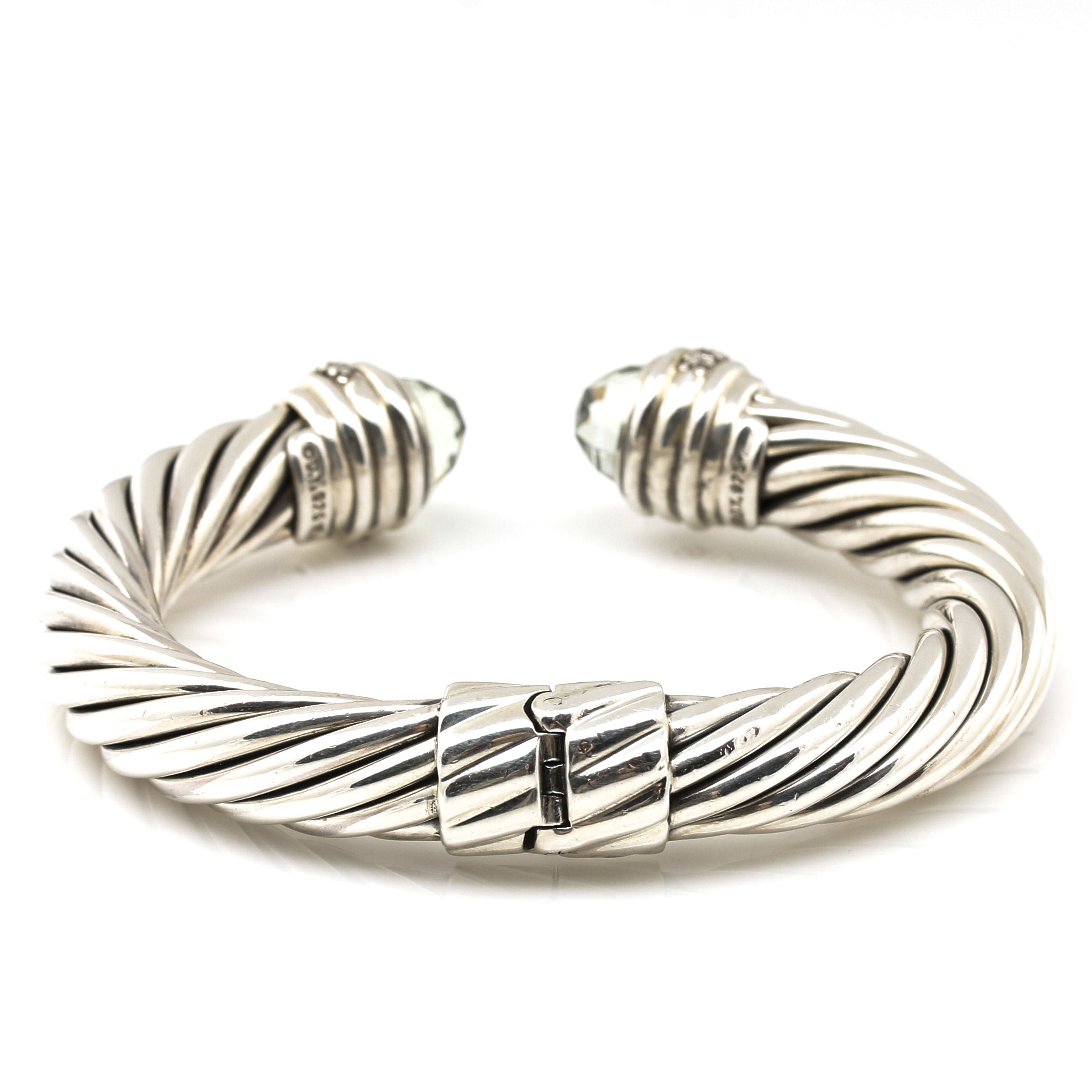 David Yurman Sterling Silver and 18K White Gold Diamond and Prasiolite Cable Cuff