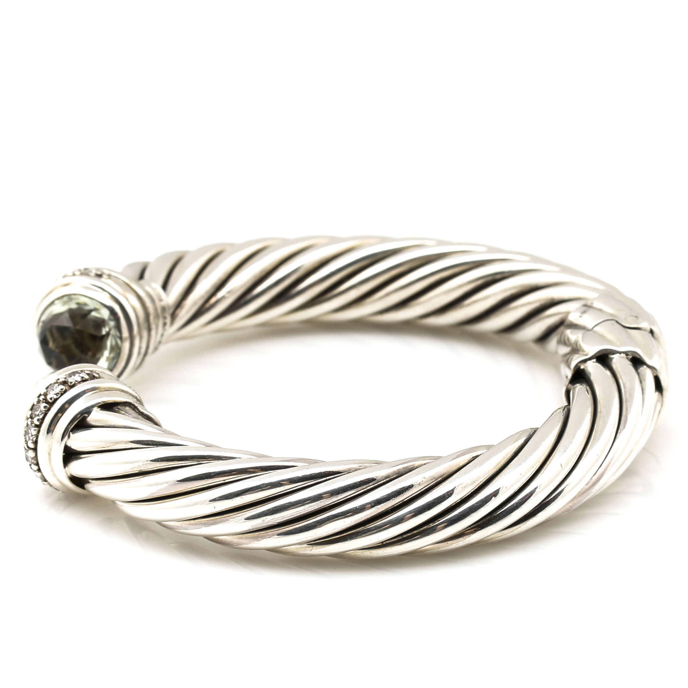 David Yurman Sterling Silver and 18K White Gold Diamond and Prasiolite Cable Cuff