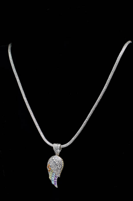 Robert Manse Sterling Silver and Precious Gemstone Wing Pendant with Wheat Chain