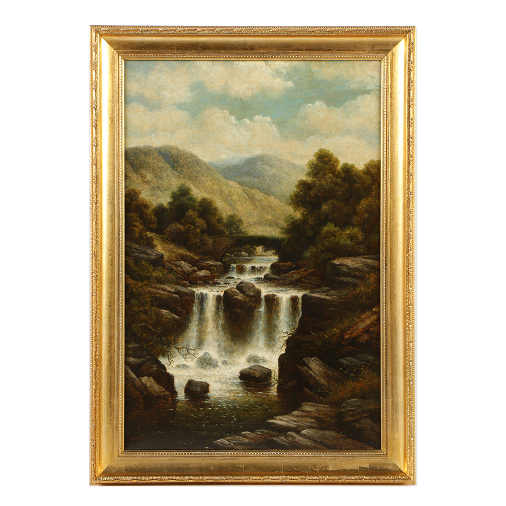 19th-Century C. Bulwer Oil Painting on Canvas "Waterfall"