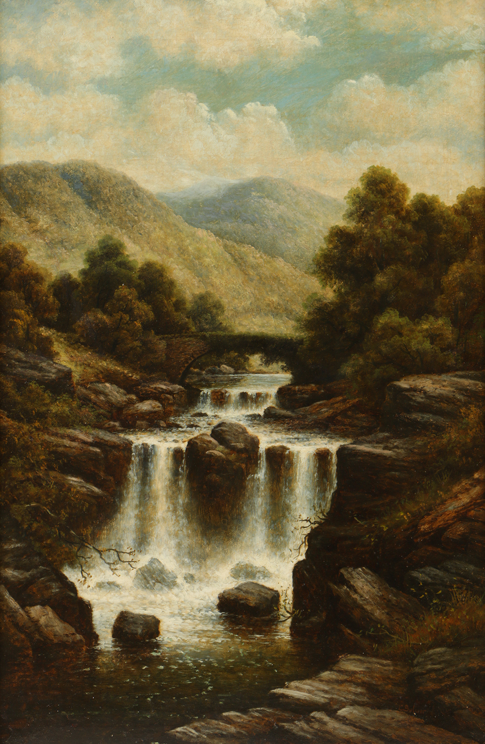 19th-Century C. Bulwer Oil Painting on Canvas "Waterfall"