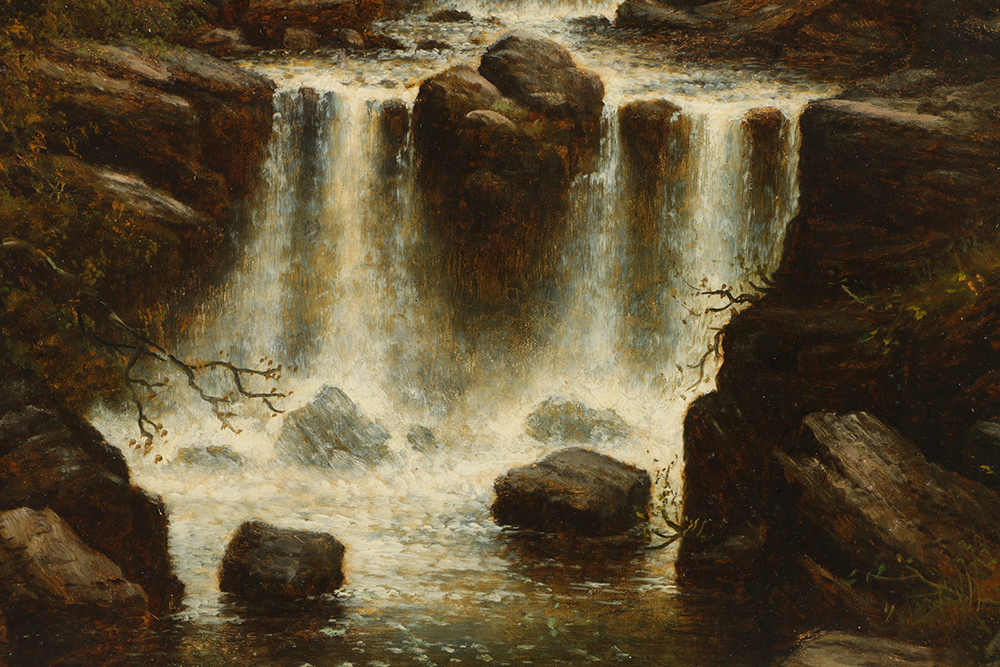 19th-Century C. Bulwer Oil Painting on Canvas "Waterfall"
