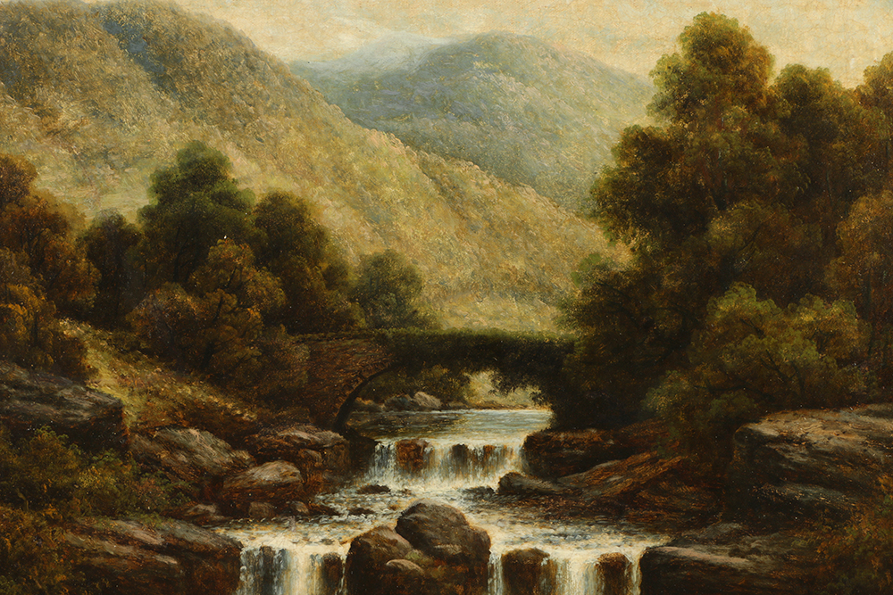 19th-Century C. Bulwer Oil Painting on Canvas "Waterfall"