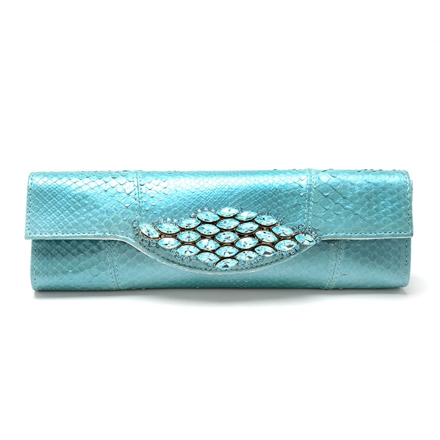 Light Blue Snakeskin Carlos Falchi Clutch with Swarovski Crystals