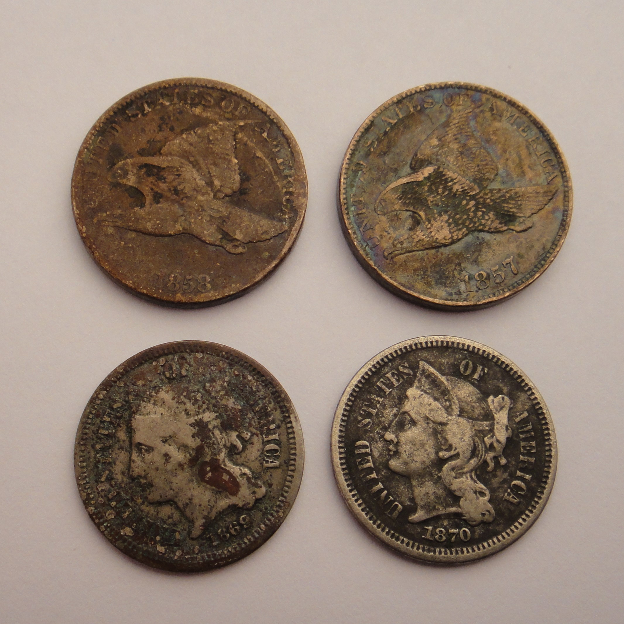 1857 & 1858 Flying Eagle Coins, 1869 & 1870 Three Cent Pieces