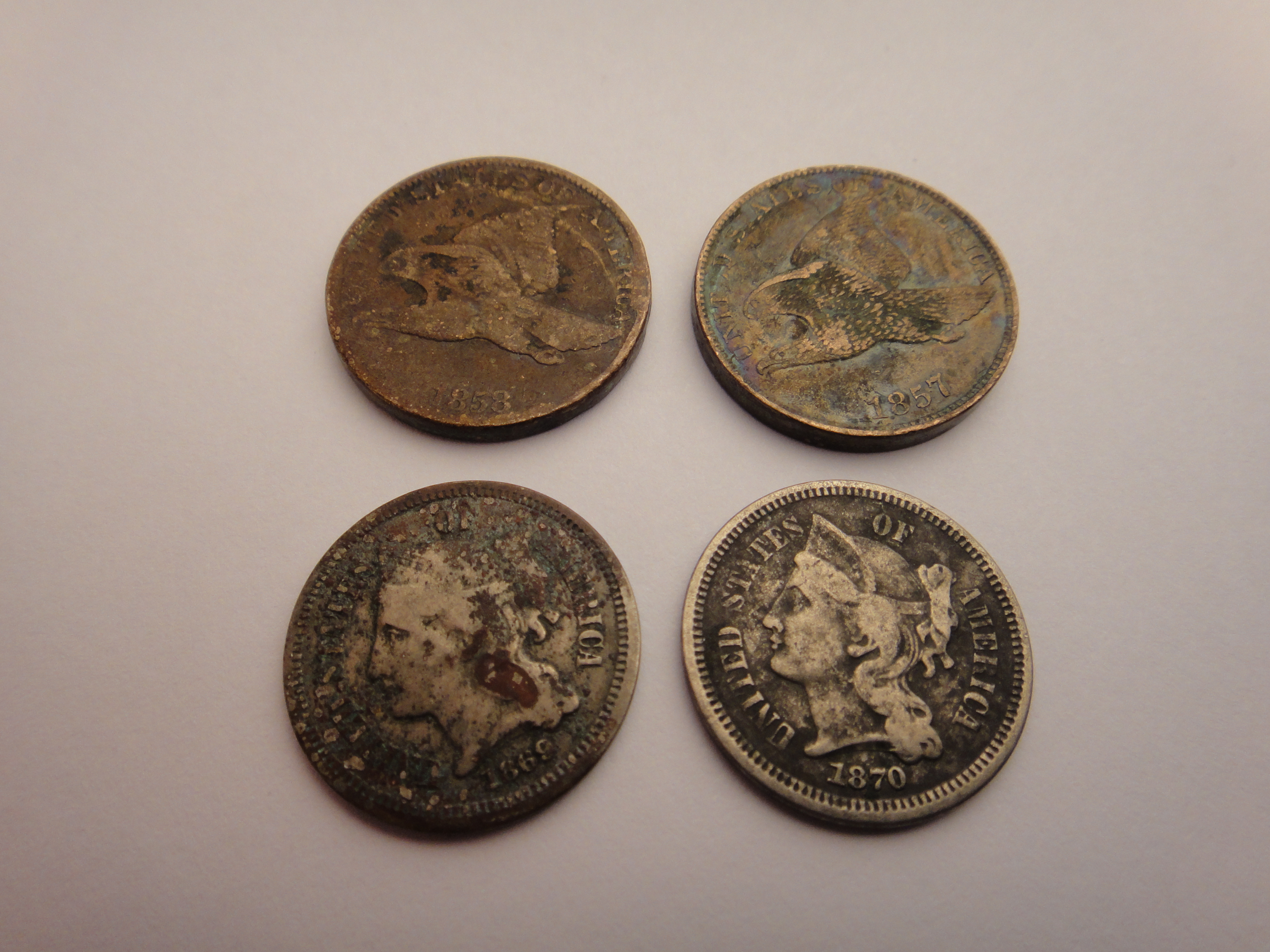1857 & 1858 Flying Eagle Coins, 1869 & 1870 Three Cent Pieces