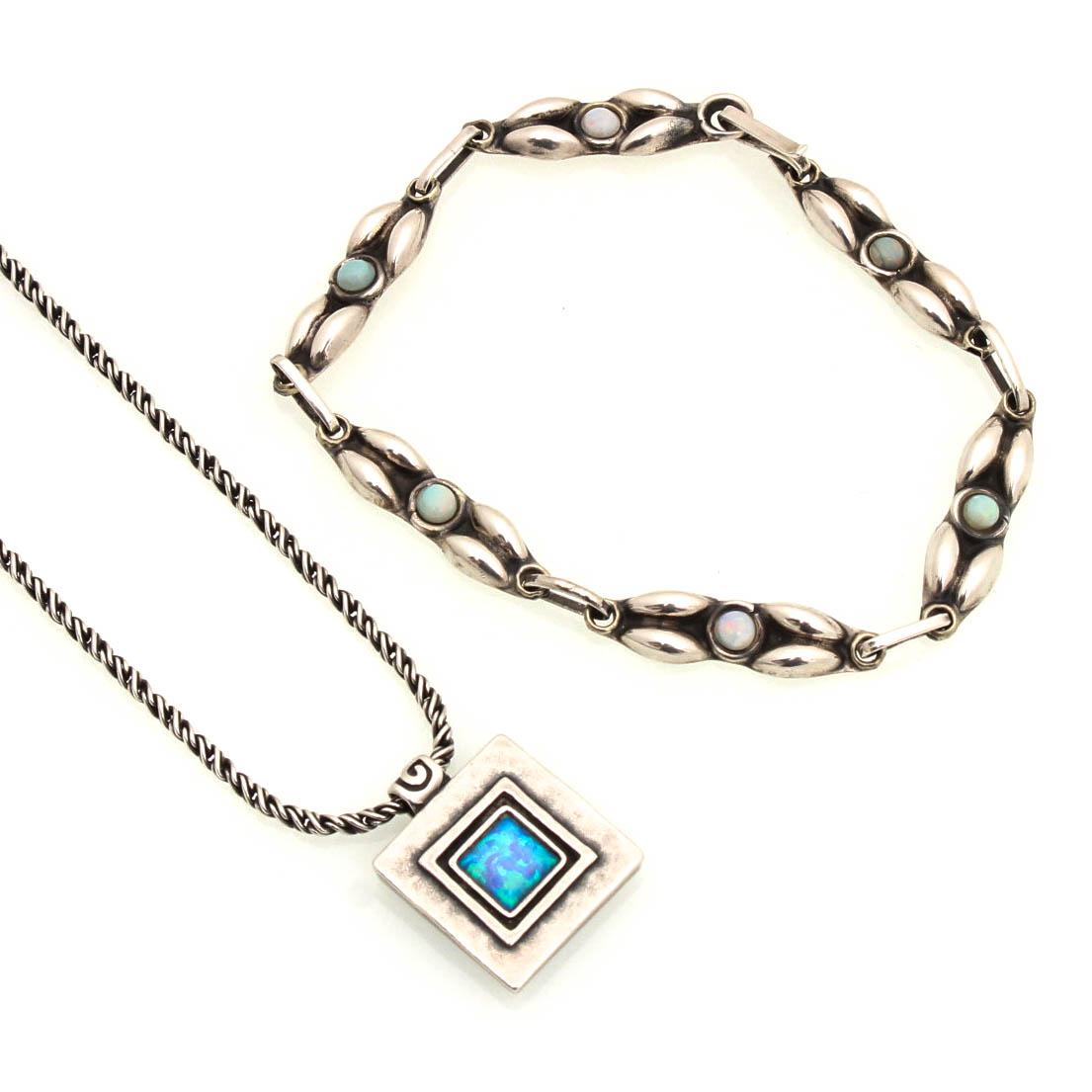 Sterling Silver Opal Bracelet with Pendant Necklace