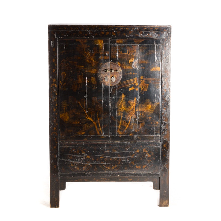 Antique Chinese Black Lacquer Wedding Cabinet