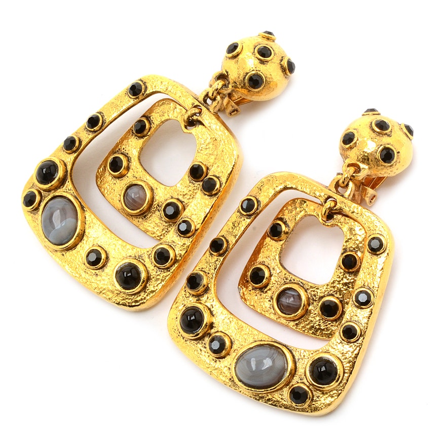 Jose & Maria Barrera 24K Gold Plated Drop Clip-On Earrings with Bezel Set Polished Cabochons and Faceted Crystals