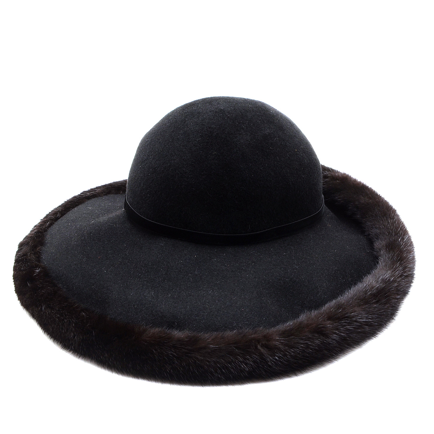 Tracey Tooker of New York Fine Millinery Black Imported Fur Felt Picture Hat Trimmed in Black Rabbit Fur