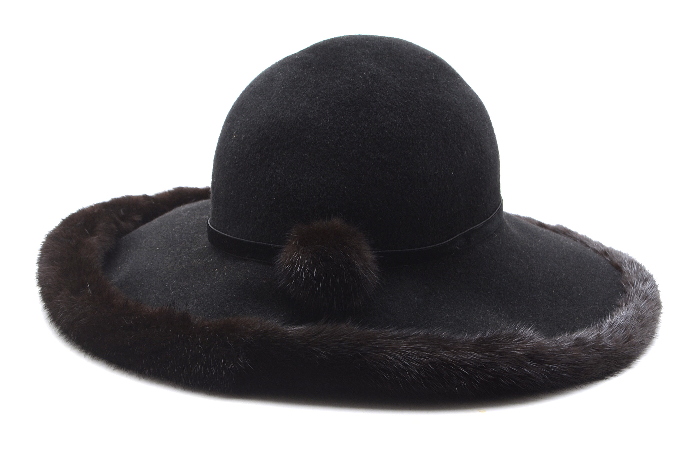 Tracey Tooker of New York Fine Millinery Black Imported Fur Felt Picture Hat Trimmed in Black Rabbit Fur