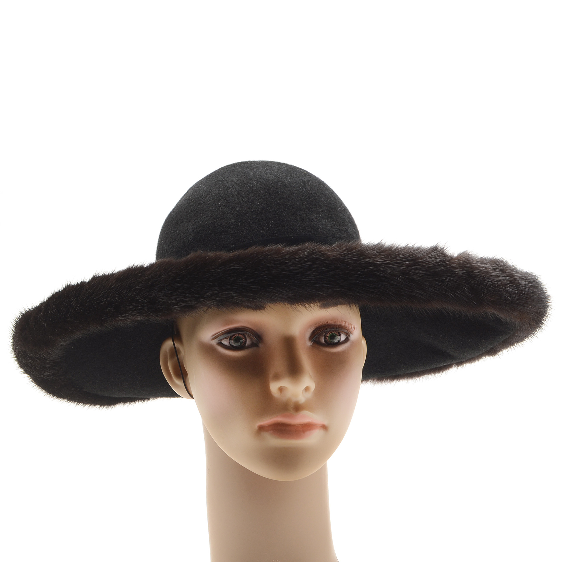 Tracey Tooker of New York Fine Millinery Black Imported Fur Felt Picture Hat Trimmed in Black Rabbit Fur