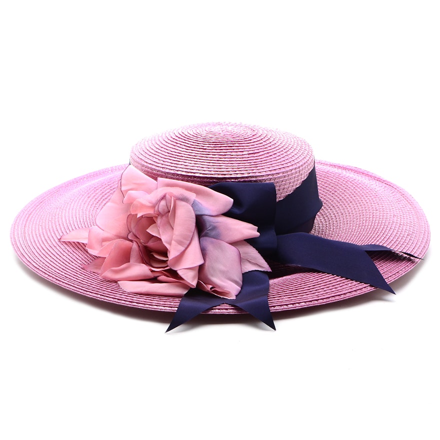 Paula Del Percio of East Hampton Fine Custom Millinery Cellophane Hat with Wide Grosgrain Indigo Ribbon and Dyed Floral